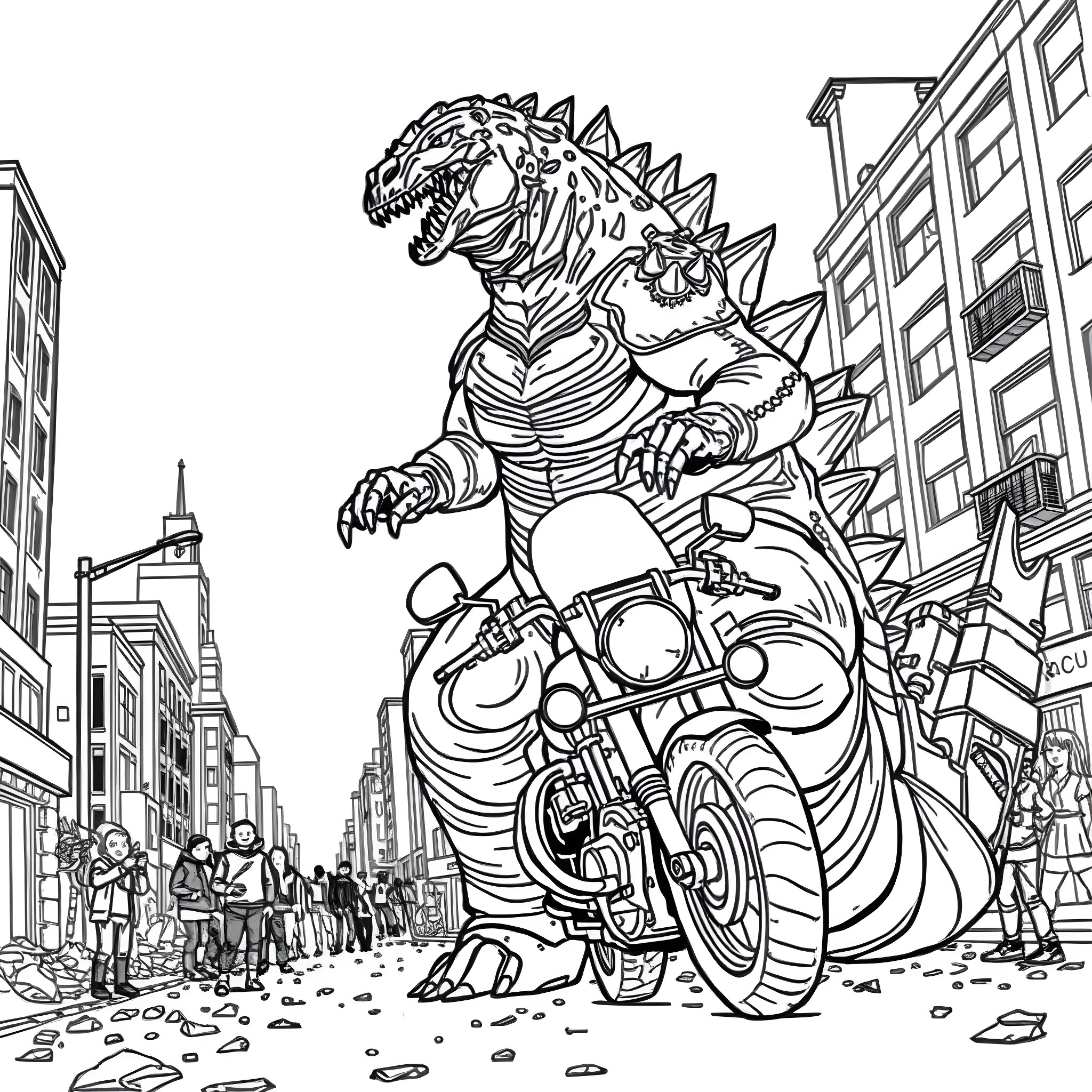Godzilla rampages through the city on a motorcycle Coloring Page (free black-and-white line drawing printable PDF for all, from beginners to advanced learners, including children, teens, adults, and seniors)