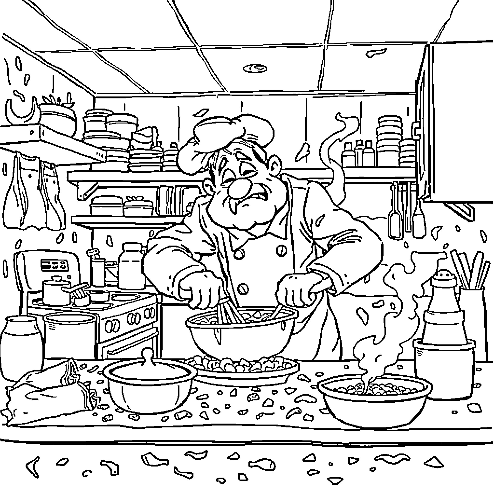Chef cooking enthusiastically in a cluttered kitchen Coloring Page (free black-and-white line drawing printable PDF for all, from beginners to advanced learners, including children, teens, adults, and seniors)