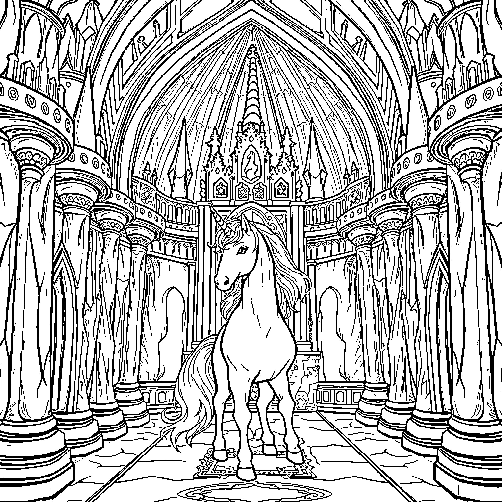 Unicorn in the Ornate Cathedral Coloring Page (free black-and-white line drawing printable PDF for all, from beginners to advanced learners, including children, teens, adults, and seniors)