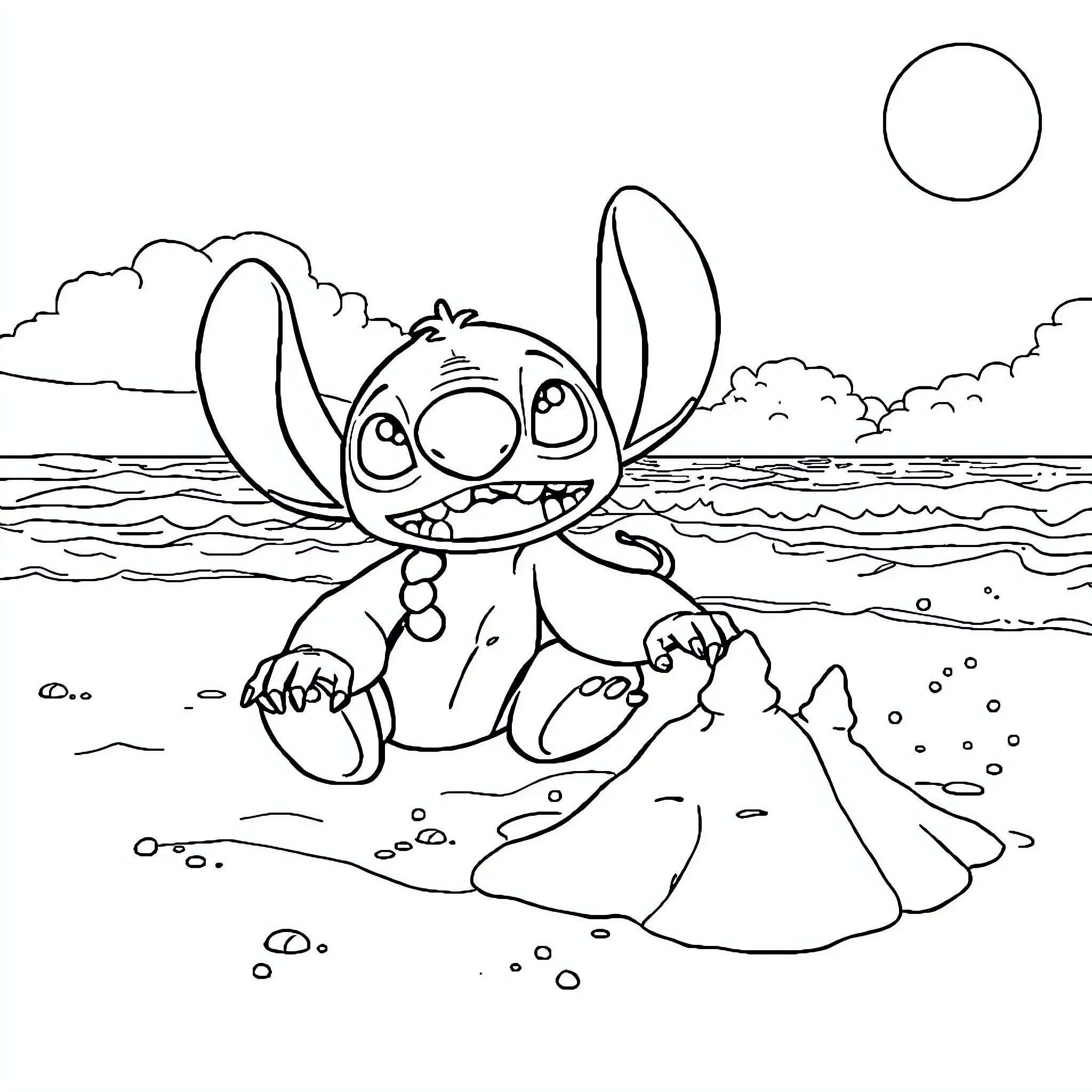 Lilo playing with Stitch in the ocean Coloring Page (free black-and-white line drawing printable PDF for all, from beginners to advanced learners, including children, teens, adults, and seniors)