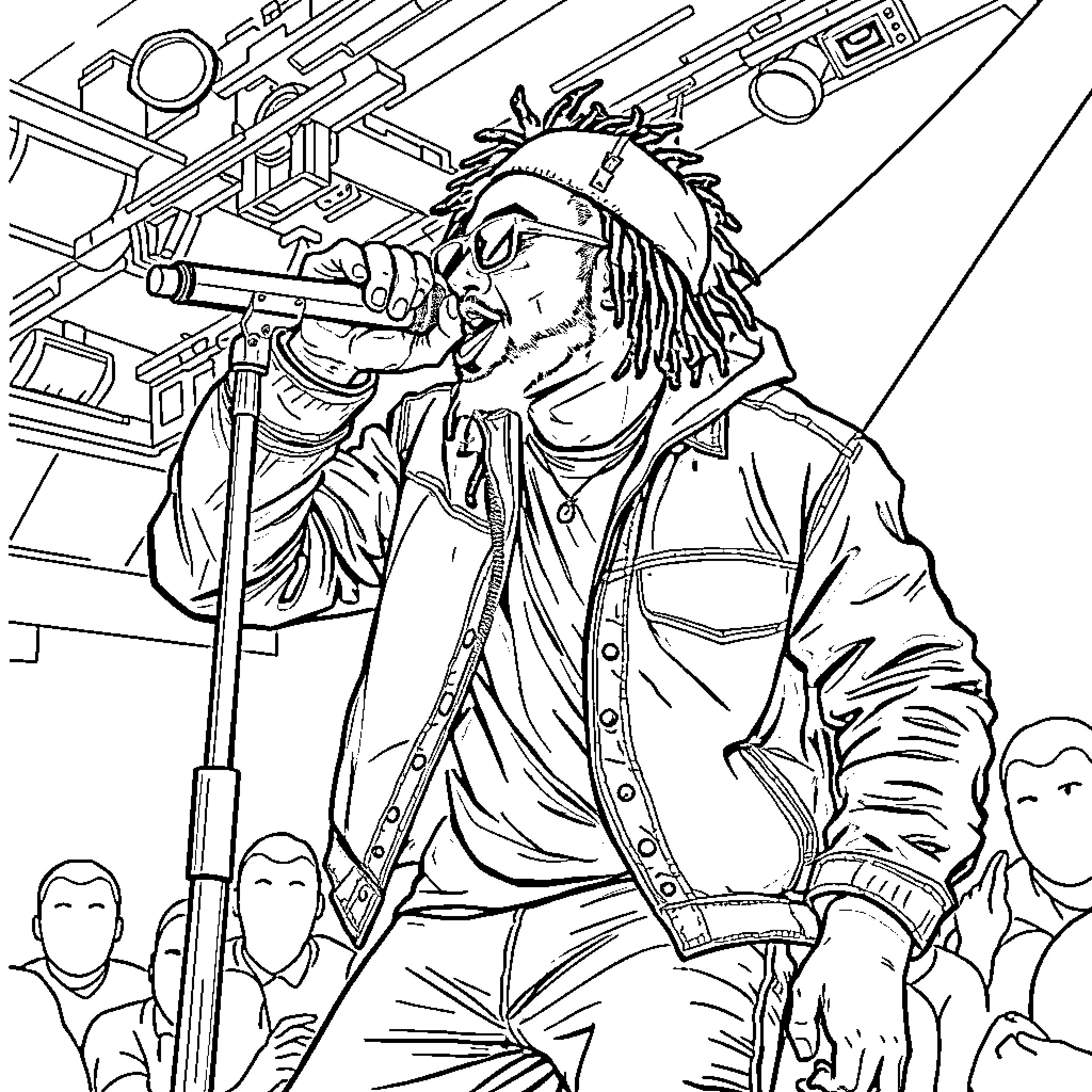 Rapper performing on stage with microphone and crowd Coloring Page (free black-and-white line drawing printable PDF for all, from beginners to advanced learners, including children, teens, adults, and seniors)