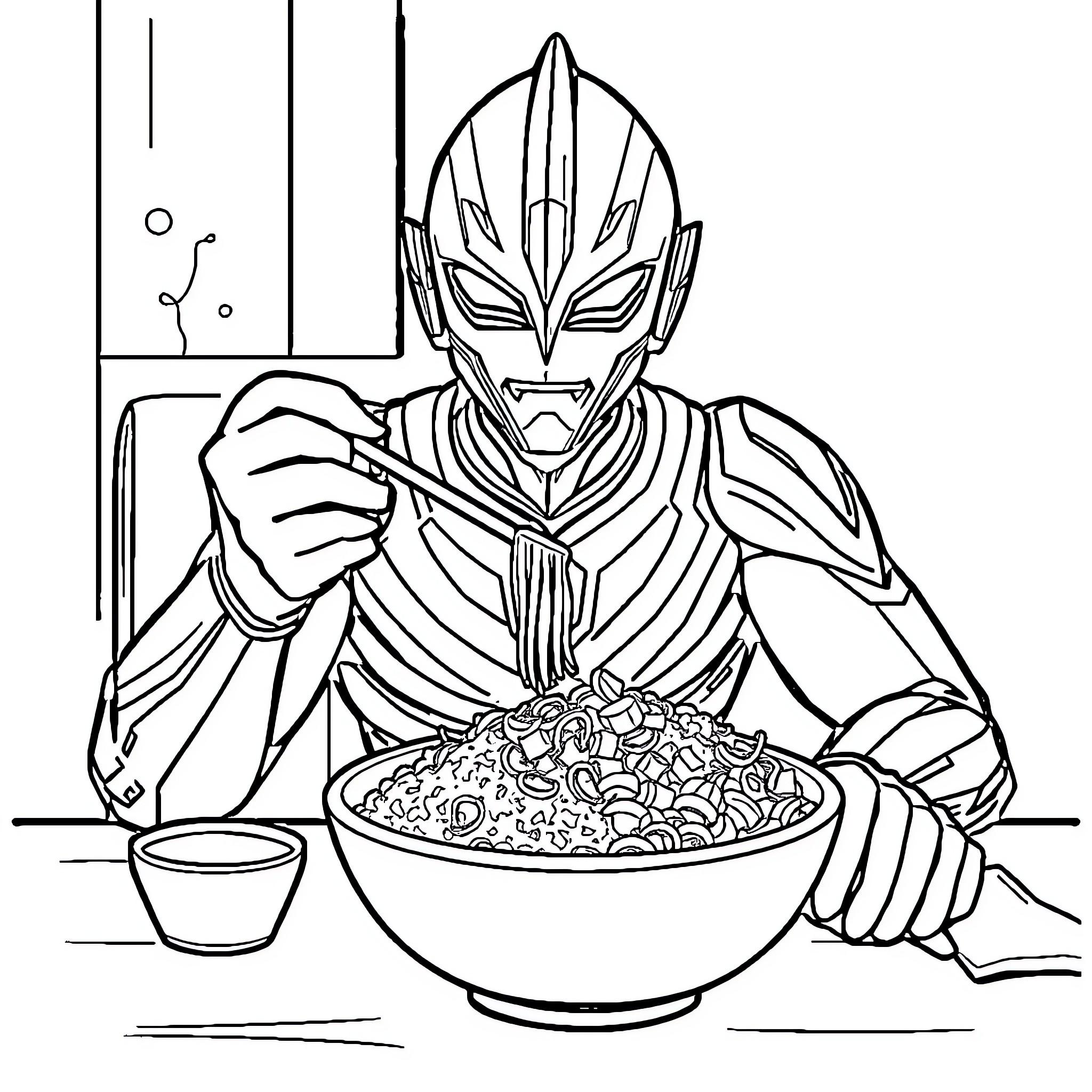 Ultraman enjoying a meal Coloring Page (free black-and-white line drawing printable PDF for all, from beginners to advanced learners, including children, teens, adults, and seniors)
