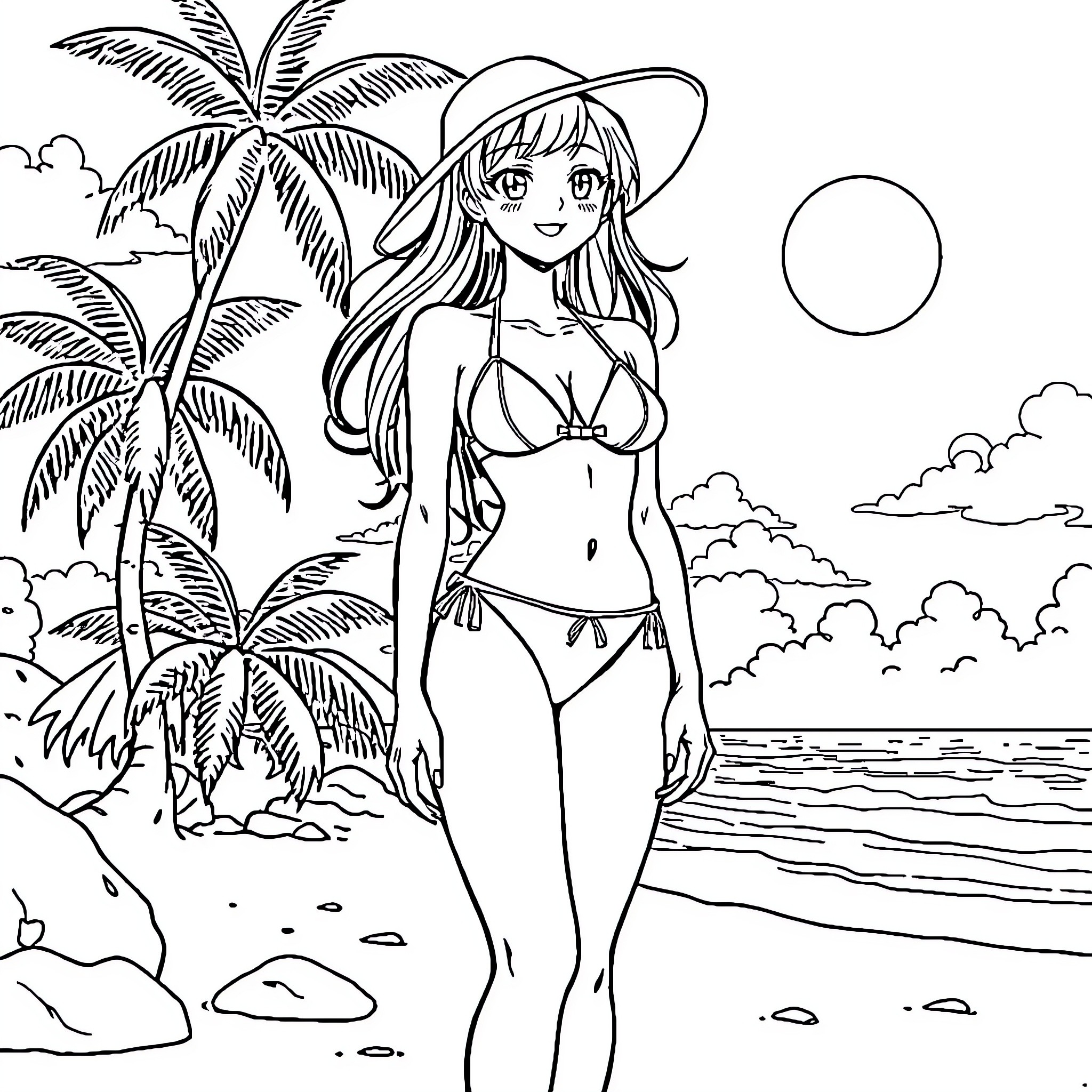 Bikini-clad woman enjoying tropical beach scene Coloring Page (free black-and-white line drawing printable PDF for all, from beginners to advanced learners, including children, teens, adults, and seniors)