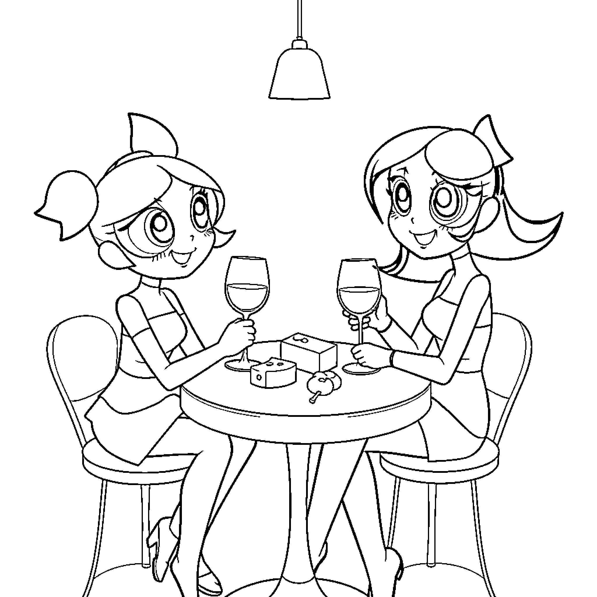Powerpuff Girls Sharing a Meal Together Coloring Page (free black-and-white line drawing printable PDF for all, from beginners to advanced learners, including children, teens, adults, and seniors)