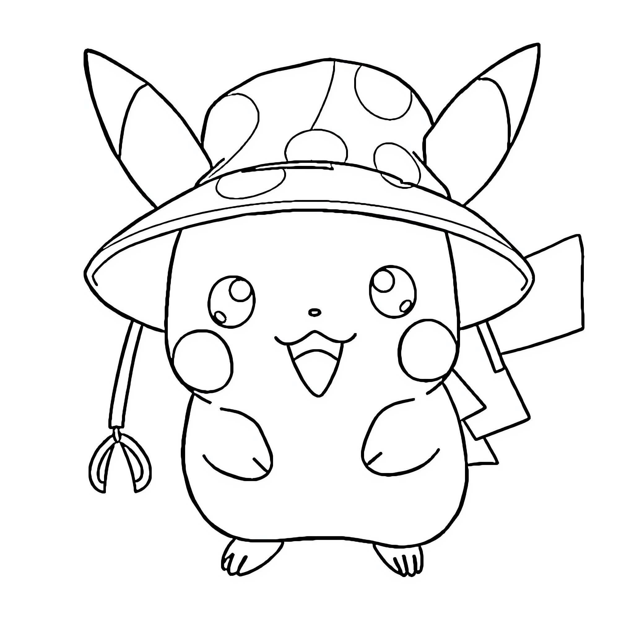 Pikachu wearing a silly hat Coloring Page (free black-and-white line drawing printable PDF for all, from beginners to advanced learners, including children, teens, adults, and seniors)