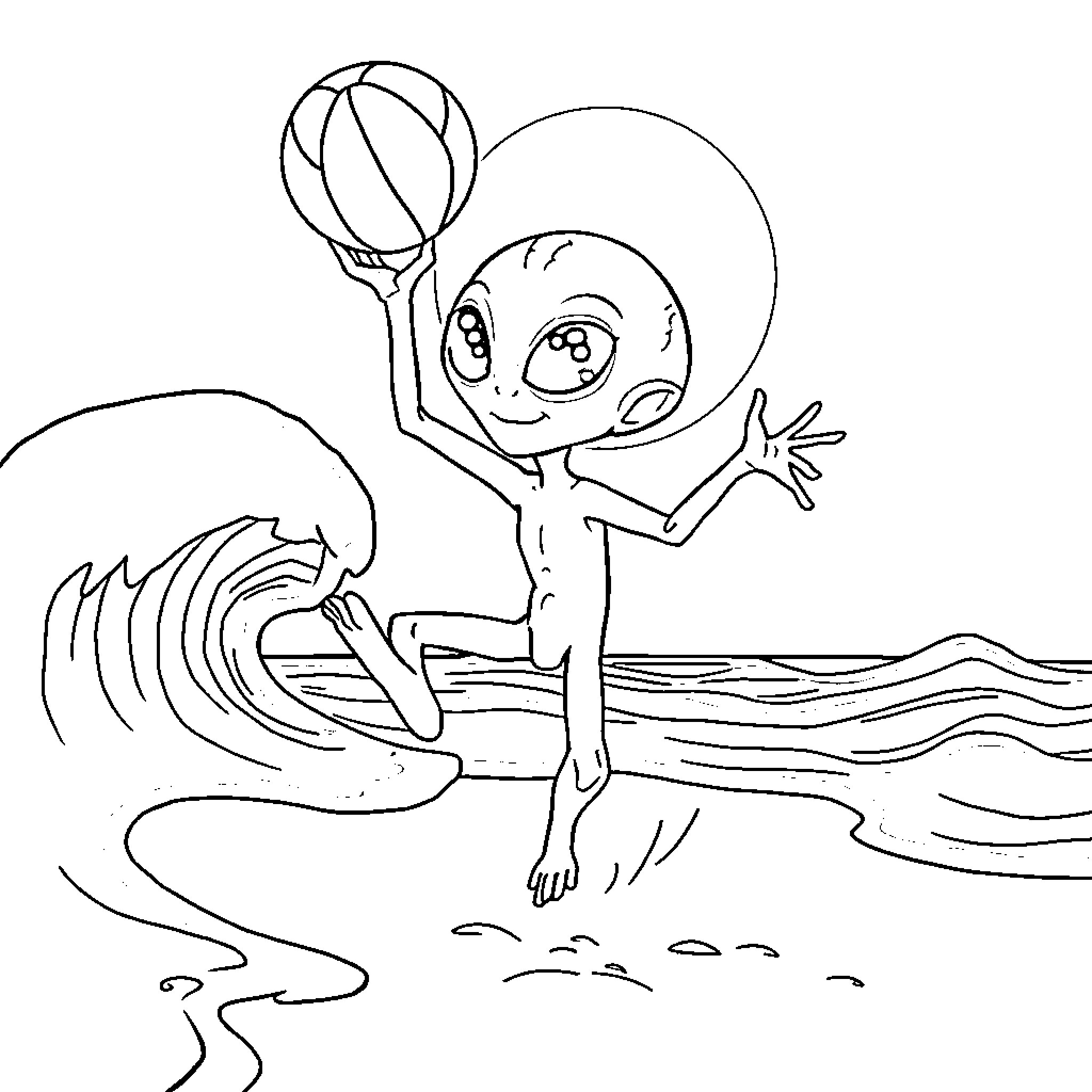 Alien playing with beach ball in the ocean Coloring Page (free black-and-white line drawing printable PDF for all, from beginners to advanced learners, including children, teens, adults, and seniors)