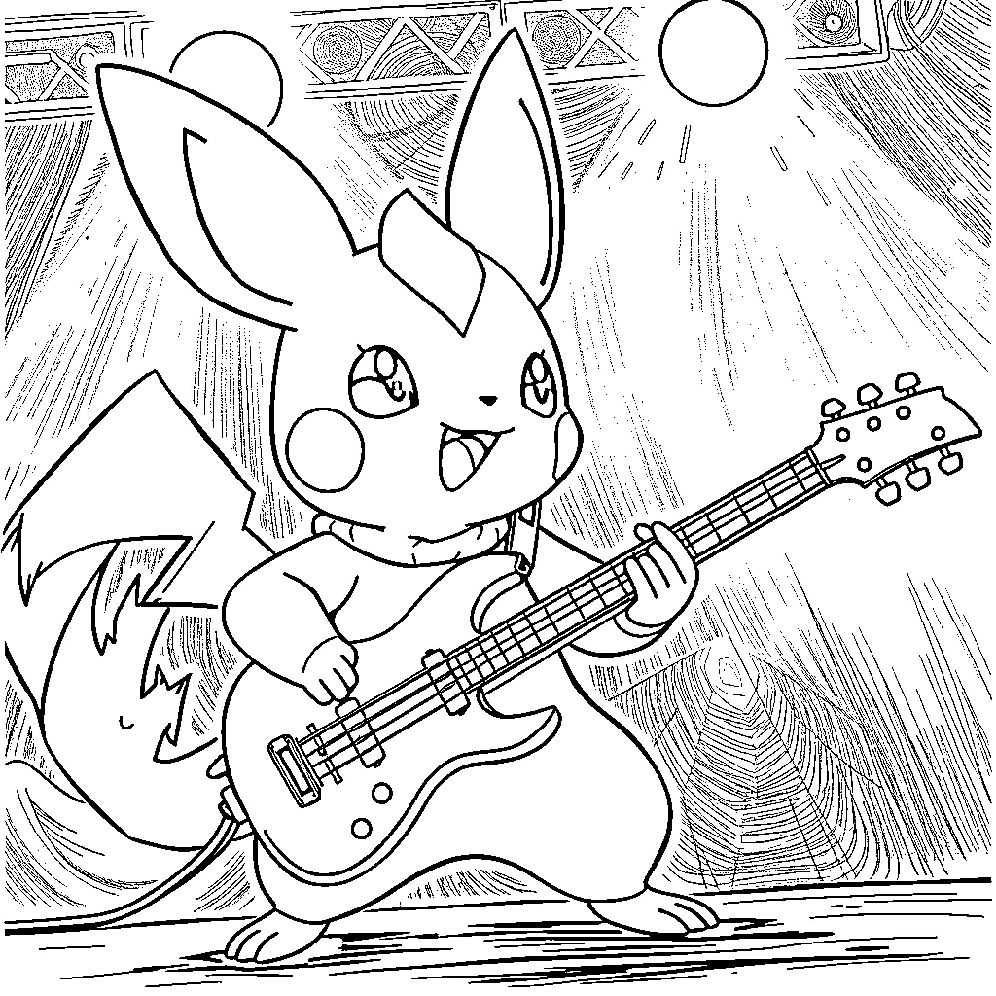 Salamèche playing guitar in a magical setting Coloring Page (free black-and-white line drawing printable PDF for all, from beginners to advanced learners, including children, teens, adults, and seniors)