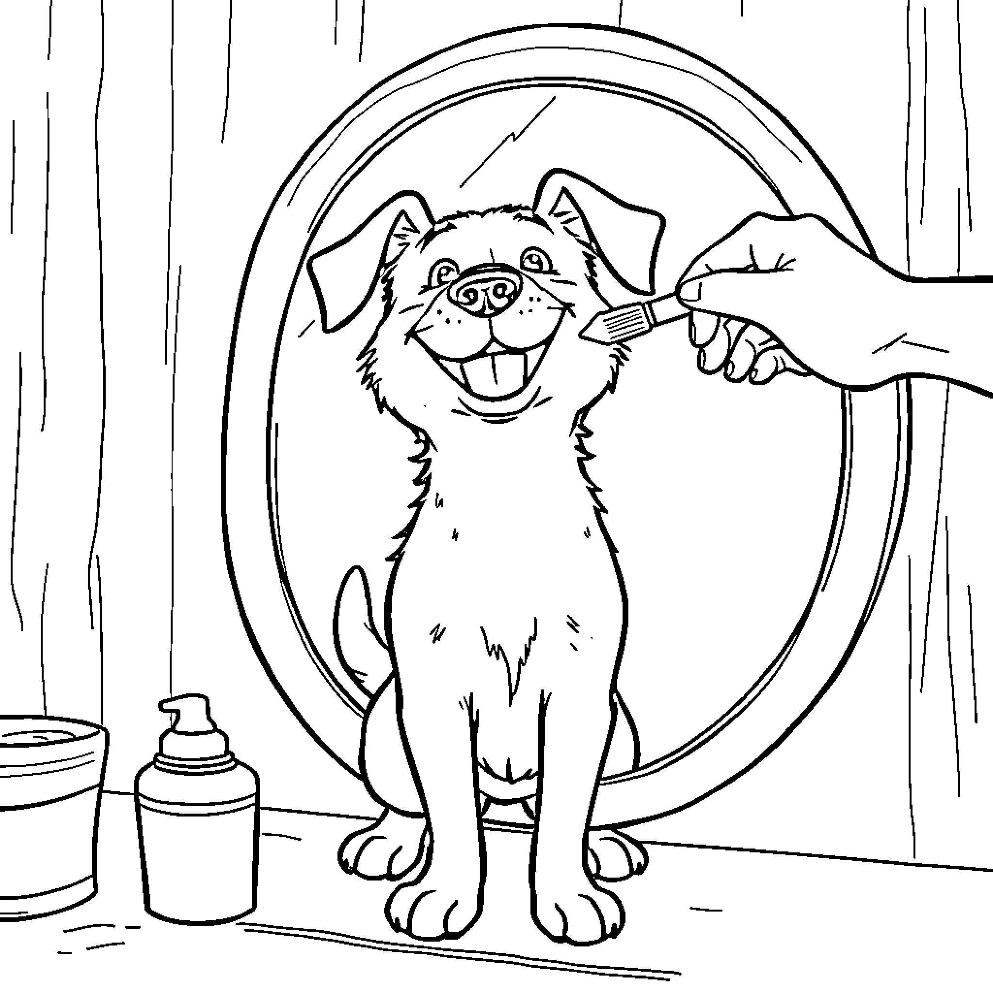 Dog getting groomed happily in the mirror Coloring Page (free black-and-white line drawing printable PDF for all, from beginners to advanced learners, including children, teens, adults, and seniors)