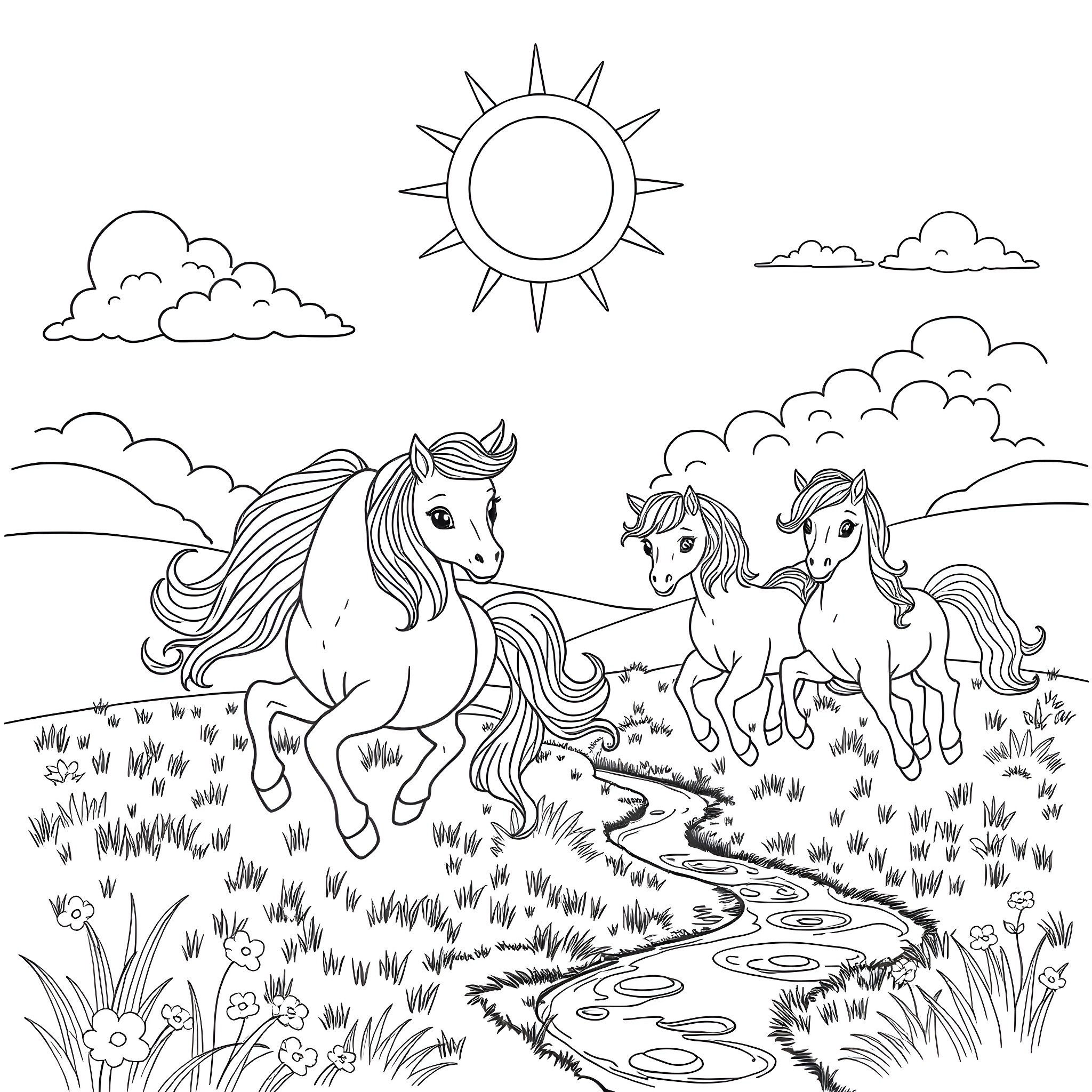 Pony Herd Frolicking in Sunny Meadow Coloring Page (free black-and-white line drawing printable PDF for all, from beginners to advanced learners, including children, teens, adults, and seniors)