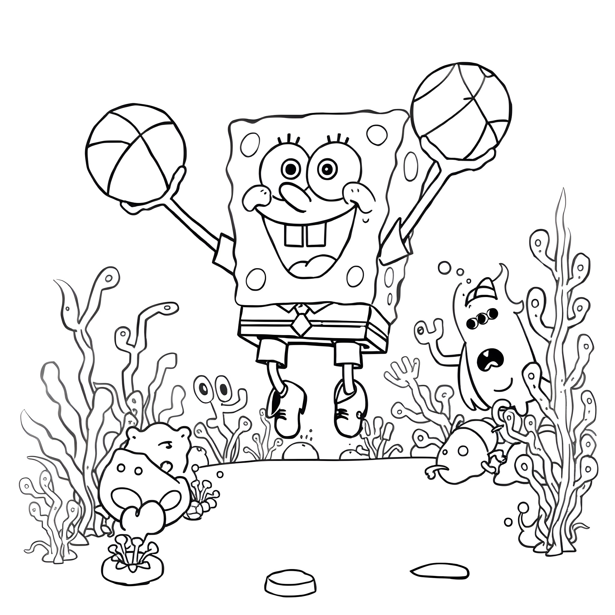 Spongebob having fun with balls in the underwater scene Coloring Page (free black-and-white line drawing printable PDF for all, from beginners to advanced learners, including children, teens, adults, and seniors)