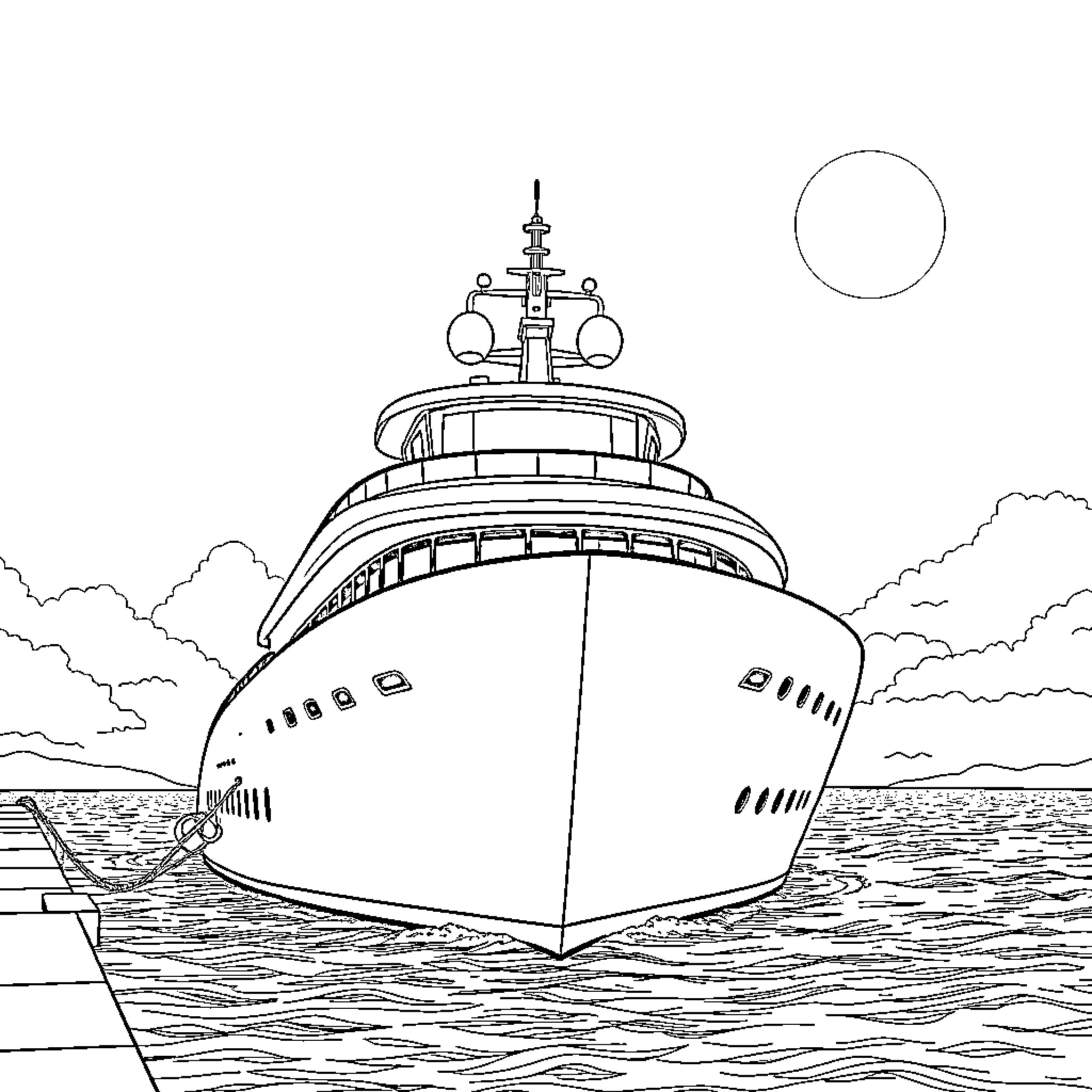 Superyacht sailing on the open sea Coloring Page (free black-and-white line drawing printable PDF for all, from beginners to advanced learners, including children, teens, adults, and seniors)