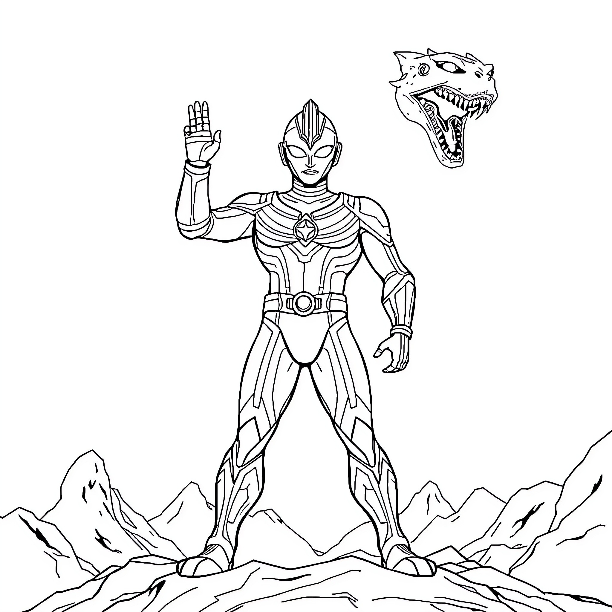 Ultraman defending against monstrous foe Coloring Page (free black-and-white line drawing printable PDF for all, from beginners to advanced learners, including children, teens, adults, and seniors)