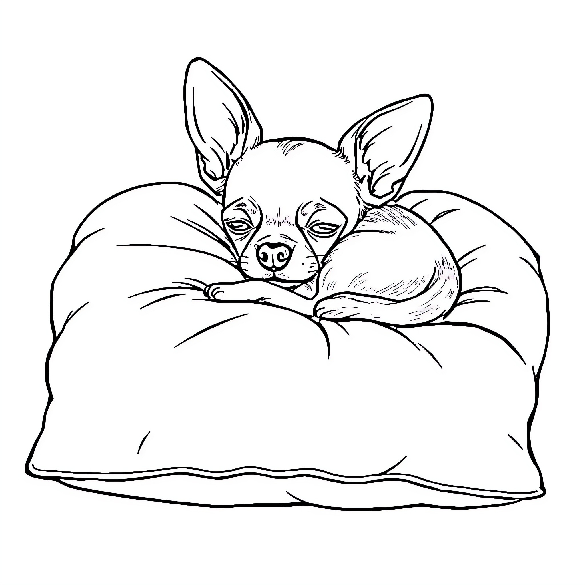 Chihuahua resting comfortably on a soft pillow Coloring Page (free black-and-white line drawing printable PDF for all, from beginners to advanced learners, including children, teens, adults, and seniors)