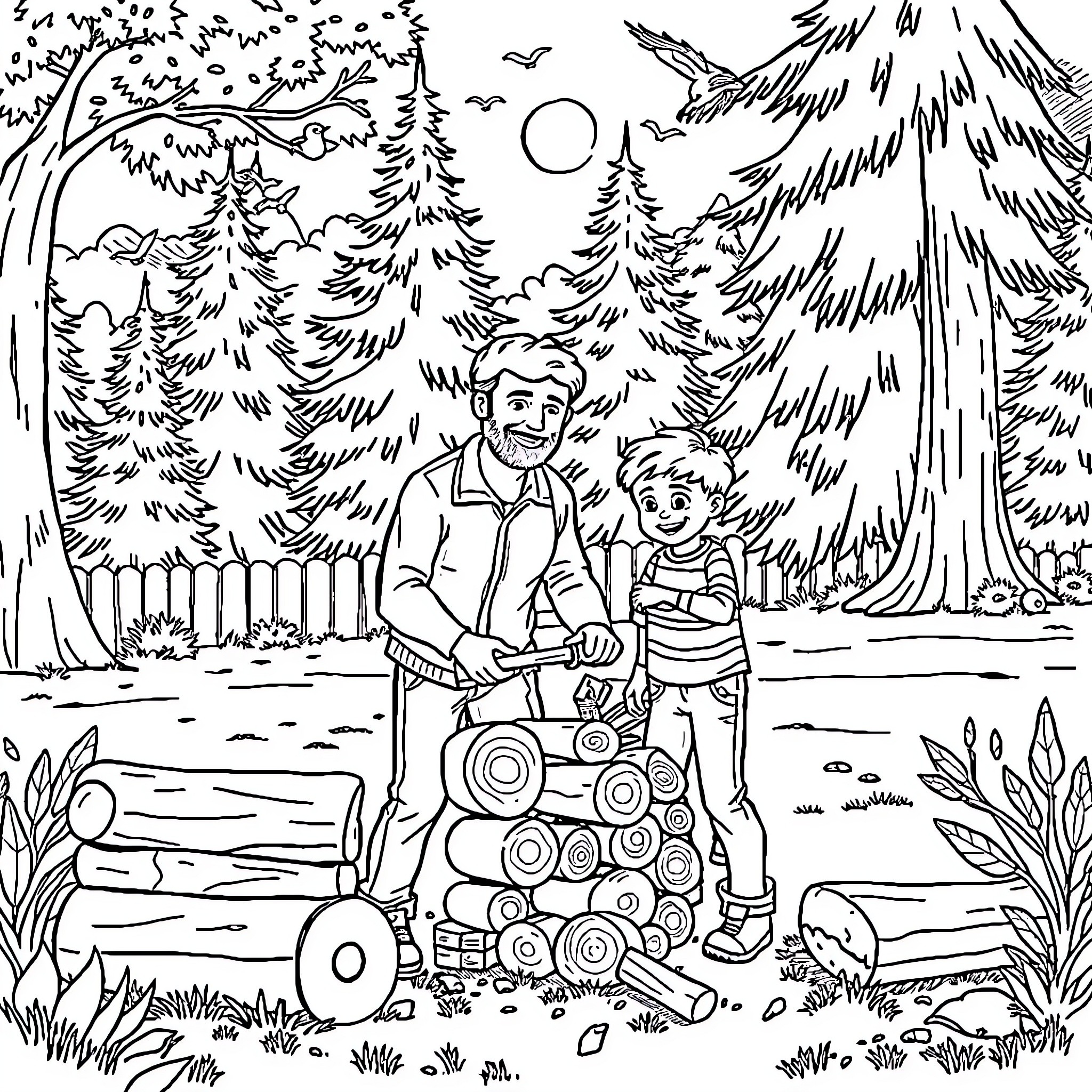 Dad and son enjoying outdoor adventure in nature Coloring Page (free black-and-white line drawing printable PDF for all, from beginners to advanced learners, including children, teens, adults, and seniors)