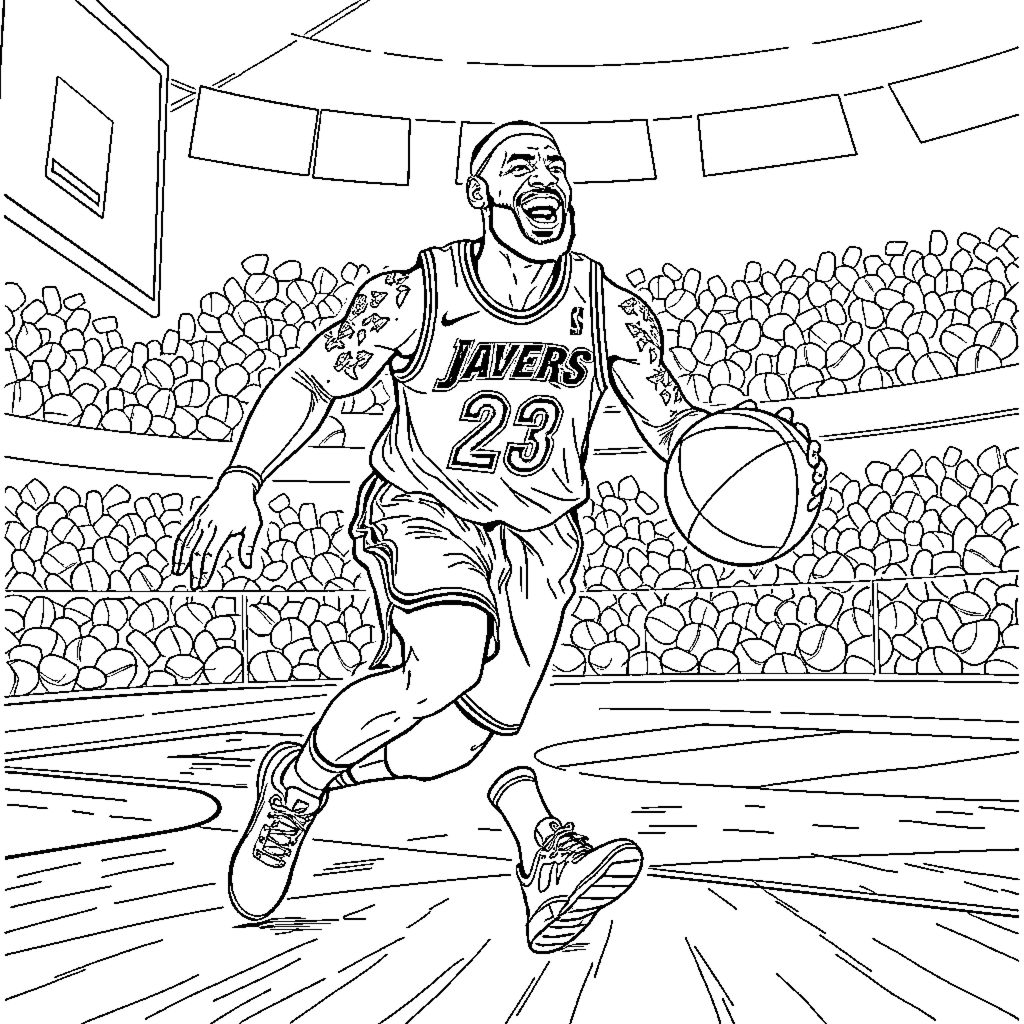 LeBron James energetic basketball player in game action Coloring Page (free black-and-white line drawing printable PDF for all, from beginners to advanced learners, including children, teens, adults, and seniors)