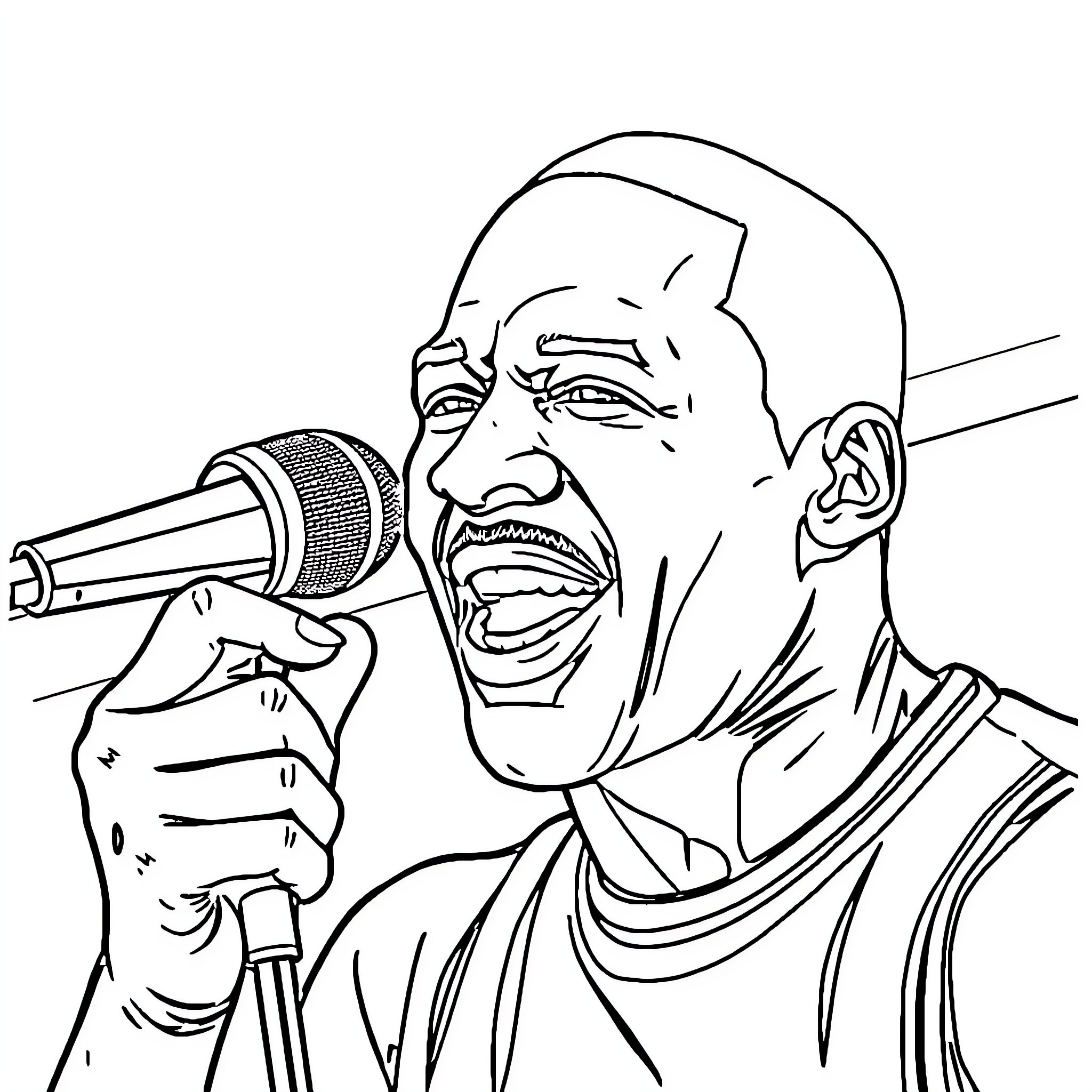 Michael Jordan Singing Passionately on Stage Coloring Page (free black-and-white line drawing printable PDF for all, from beginners to advanced learners, including children, teens, adults, and seniors)