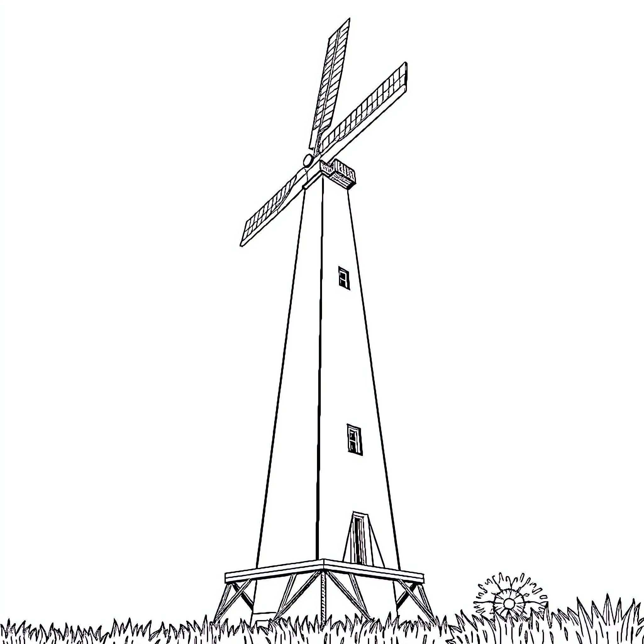 Watertoren on a grassy field Coloring Page (free black-and-white line drawing printable PDF for all, from beginners to advanced learners, including children, teens, adults, and seniors)