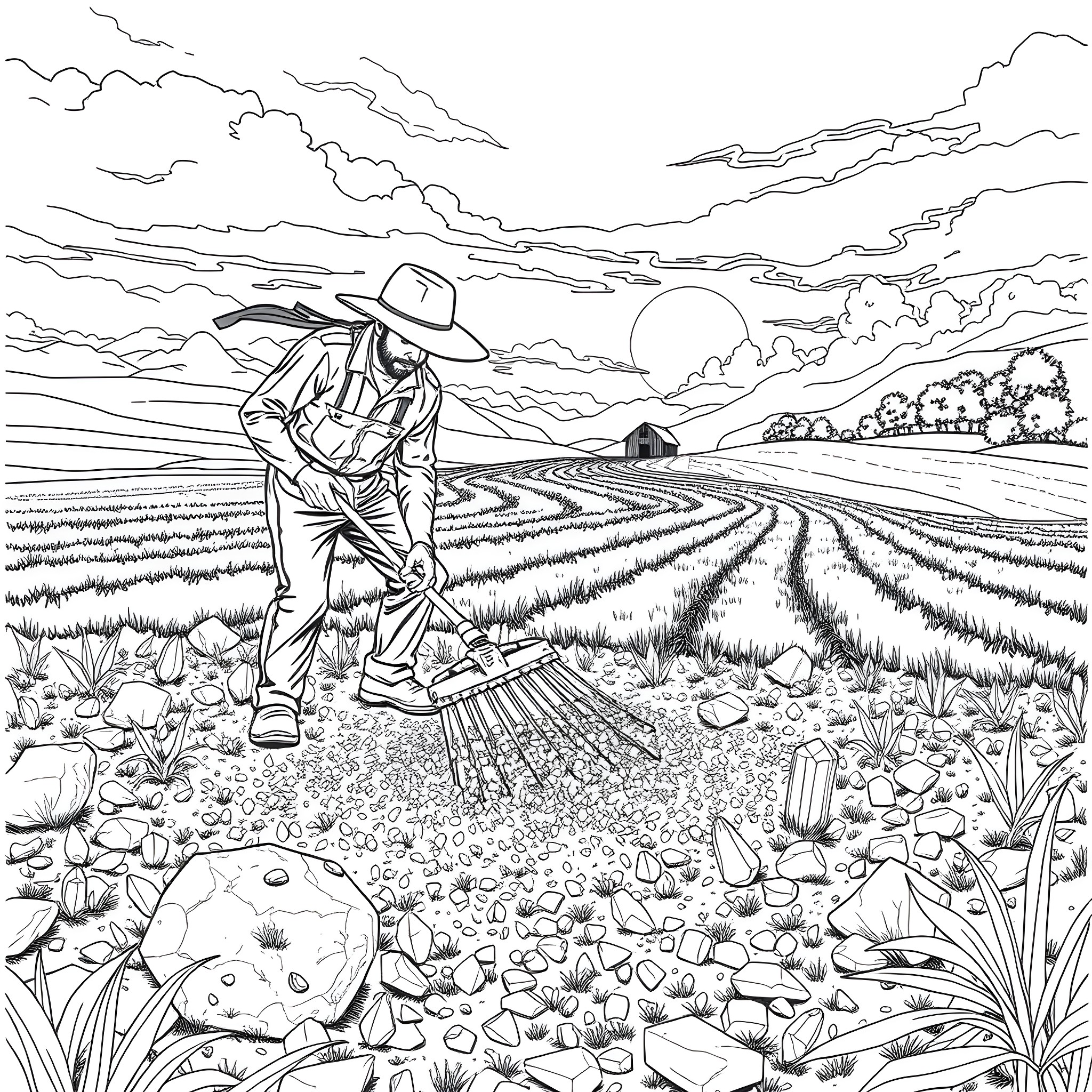 Farmer tending to his field during sunset Coloring Page (free black-and-white line drawing printable PDF for all, from beginners to advanced learners, including children, teens, adults, and seniors)