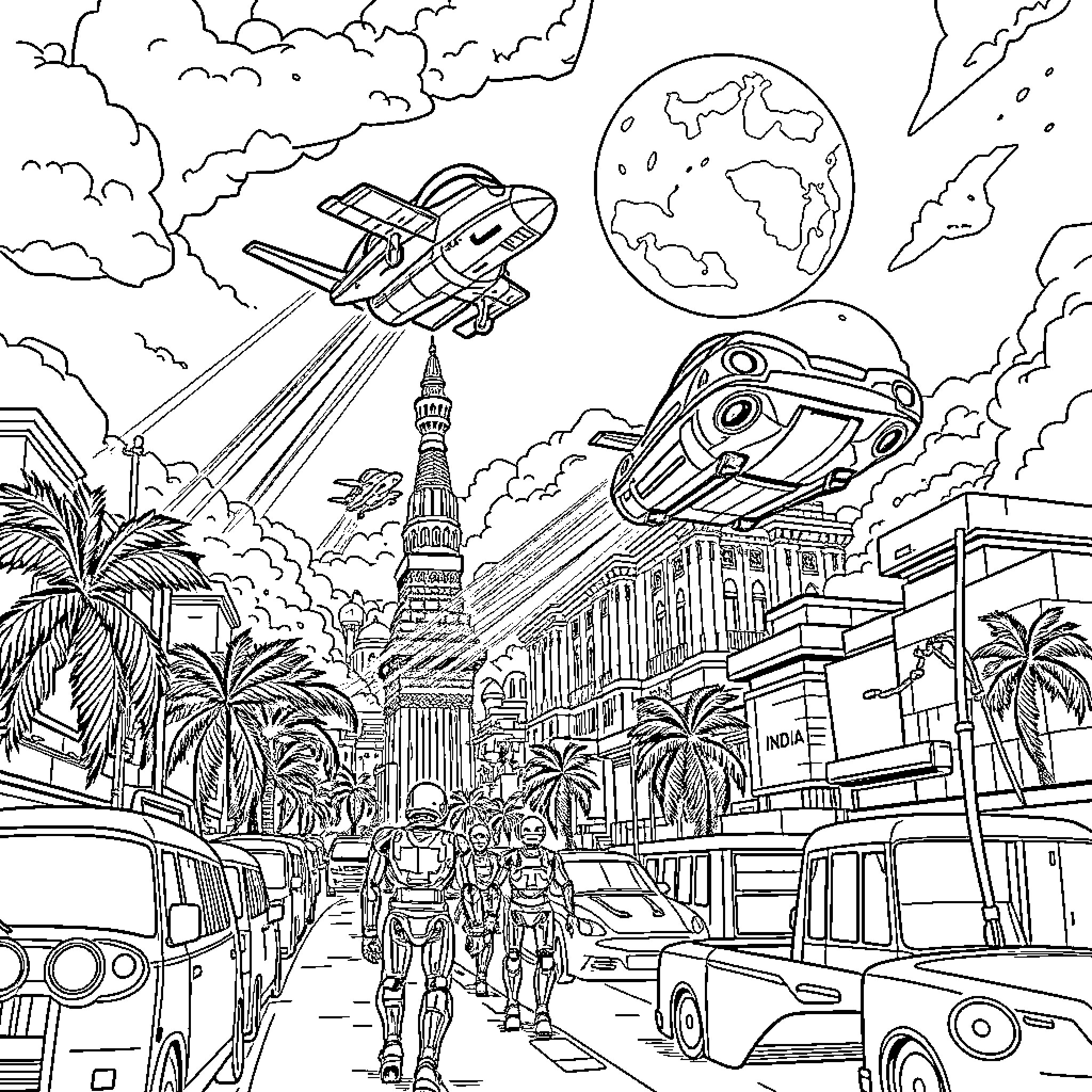 Flying Cars Soar Over a Futuristic City Coloring Page (free black-and-white line drawing printable PDF for all, from beginners to advanced learners, including children, teens, adults, and seniors)