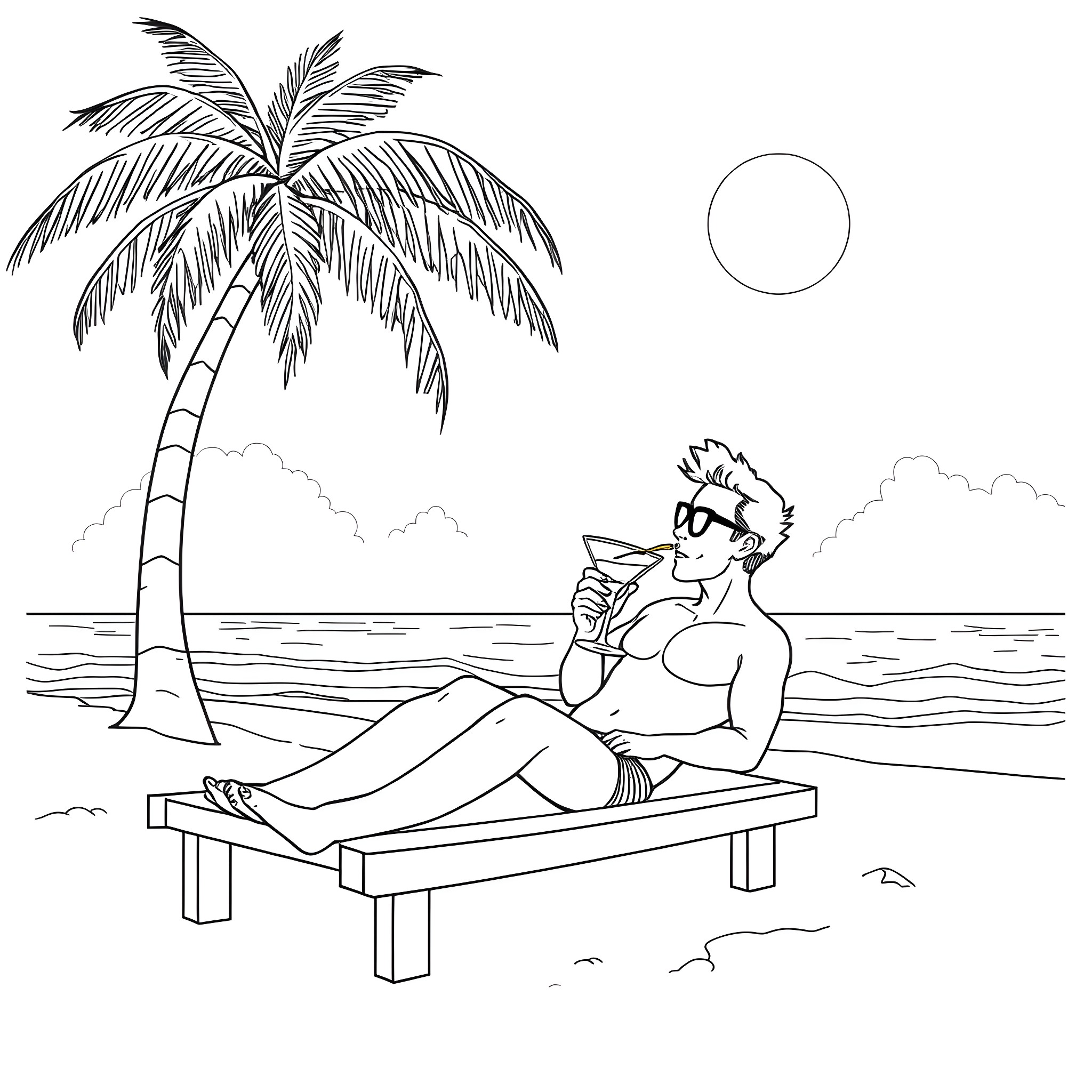 Wriothesley relaxing on the beach with a cocktail Coloring Page (free black-and-white line drawing printable PDF for all, from beginners to advanced learners, including children, teens, adults, and seniors)
