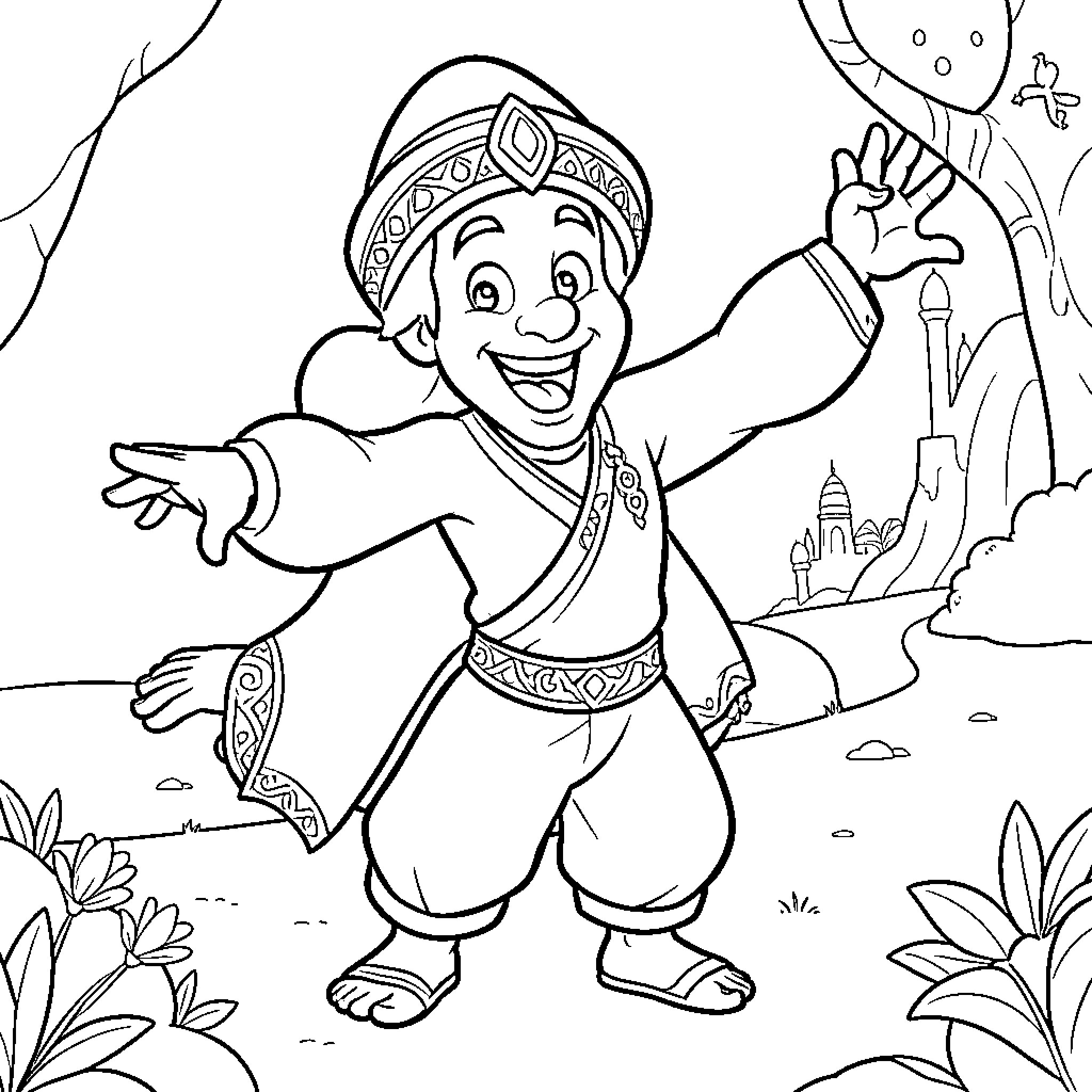 Genie dancing joyfully with arms outstretched in a landscape Coloring Page (free black-and-white line drawing printable PDF for all, from beginners to advanced learners, including children, teens, adults, and seniors)