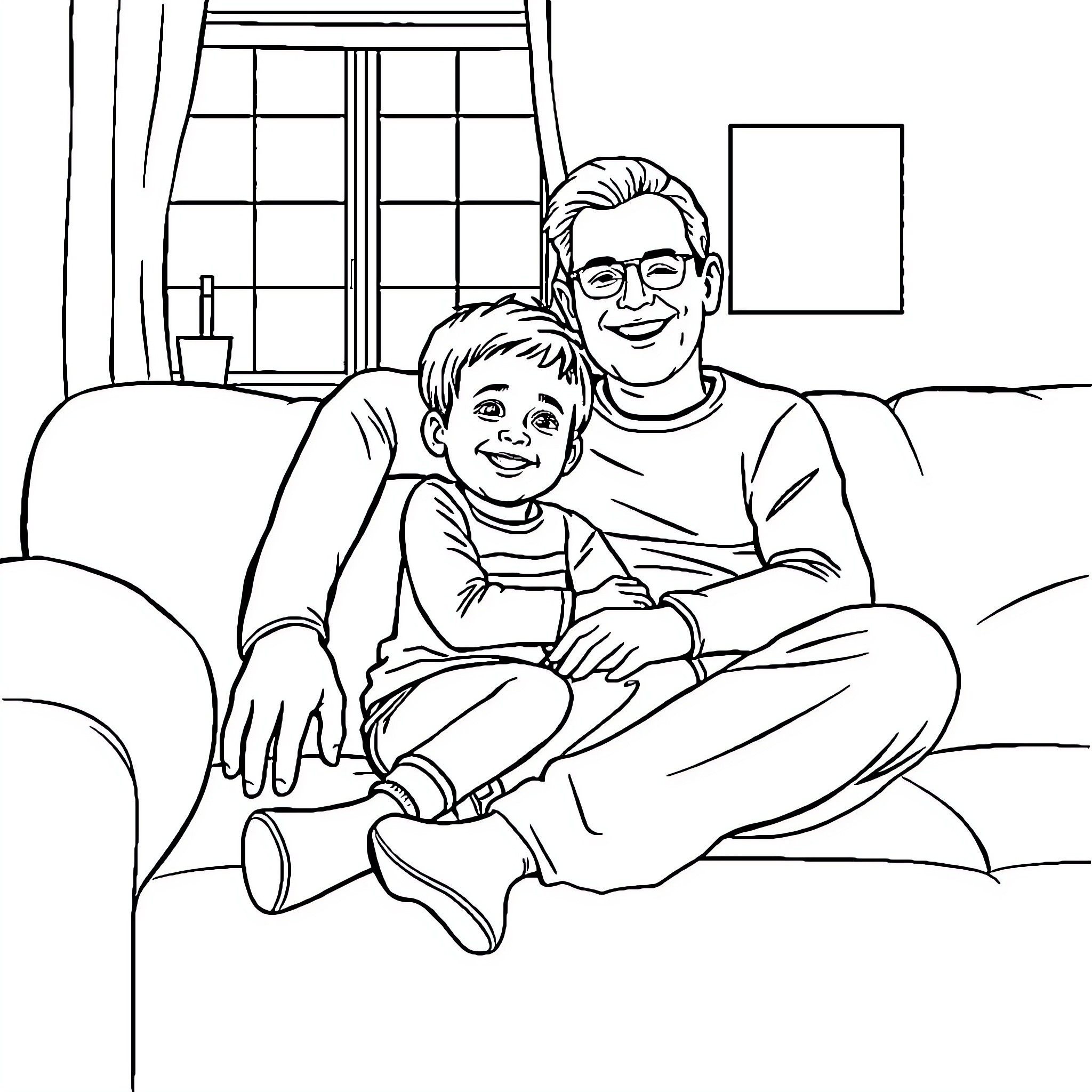 Child cuddling with father on couch Coloring Page (free black-and-white line drawing printable PDF for all, from beginners to advanced learners, including children, teens, adults, and seniors)