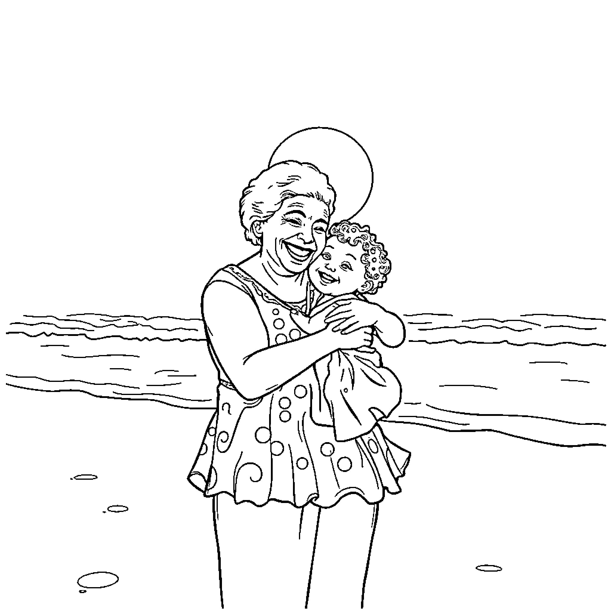 Grandmother embracing grandchild on the beach Coloring Page (free black-and-white line drawing printable PDF for all, from beginners to advanced learners, including children, teens, adults, and seniors)