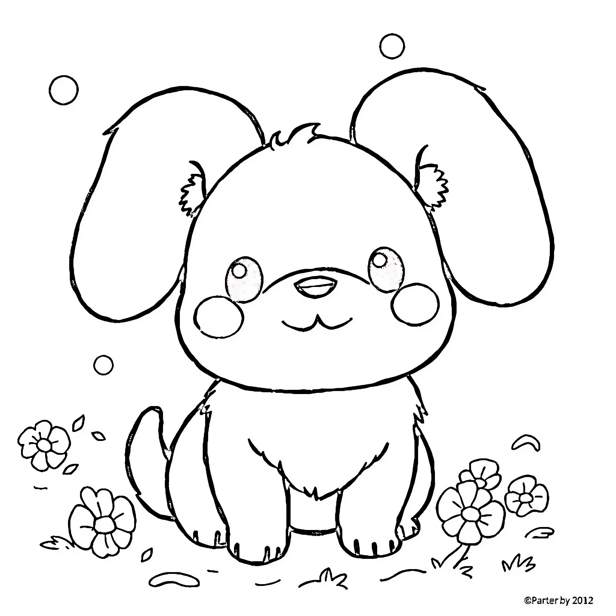 Cinnamoroll playing happily with flowers Coloring Page (free black-and-white line drawing printable PDF for all, from beginners to advanced learners, including children, teens, adults, and seniors)