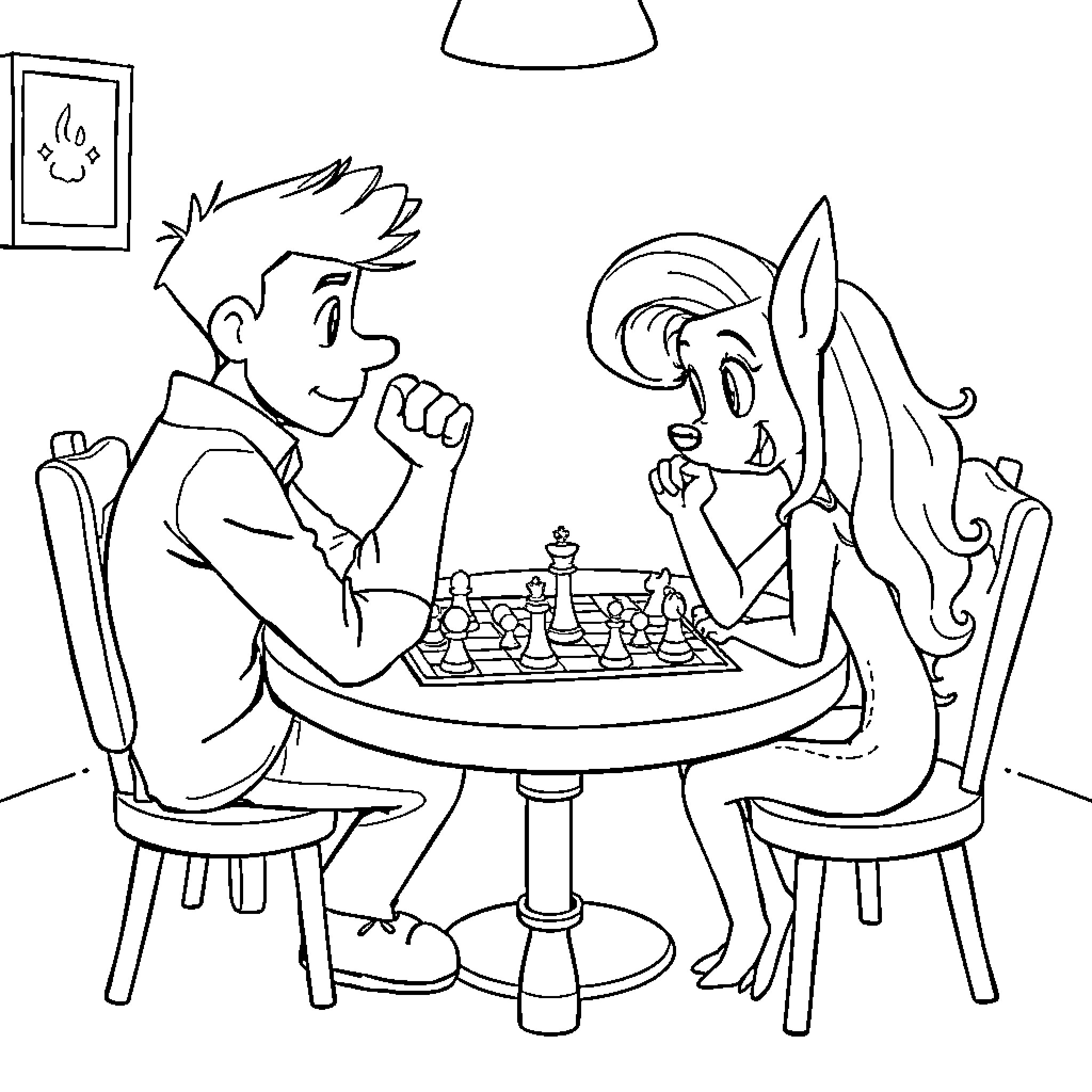 Chase between two people playing chess Coloring Page (free black-and-white line drawing printable PDF for all, from beginners to advanced learners, including children, teens, adults, and seniors)