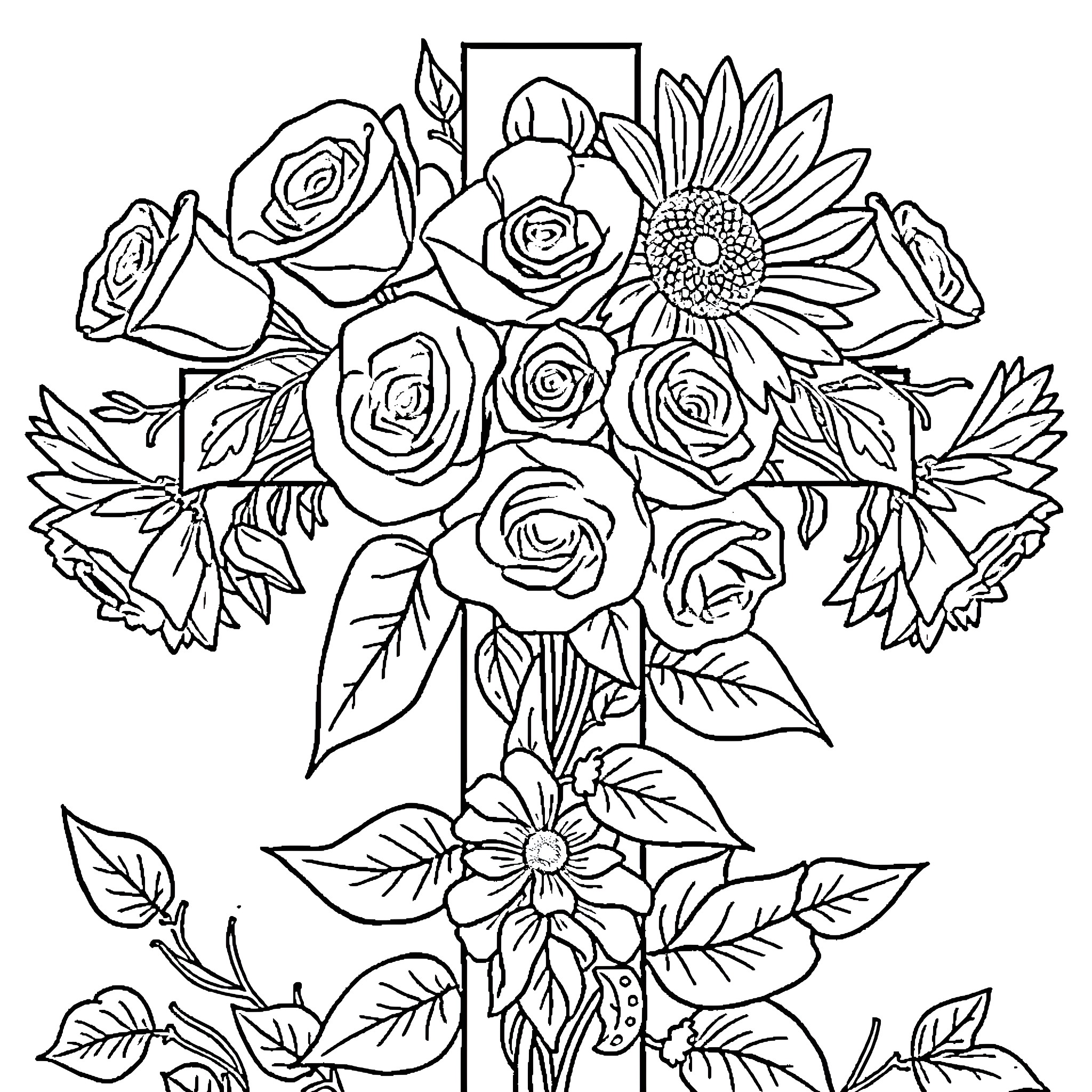 Rose Bouquet with Sunflowers and Leaves Coloring Page (free black-and-white line drawing printable PDF for all, from beginners to advanced learners, including children, teens, adults, and seniors)