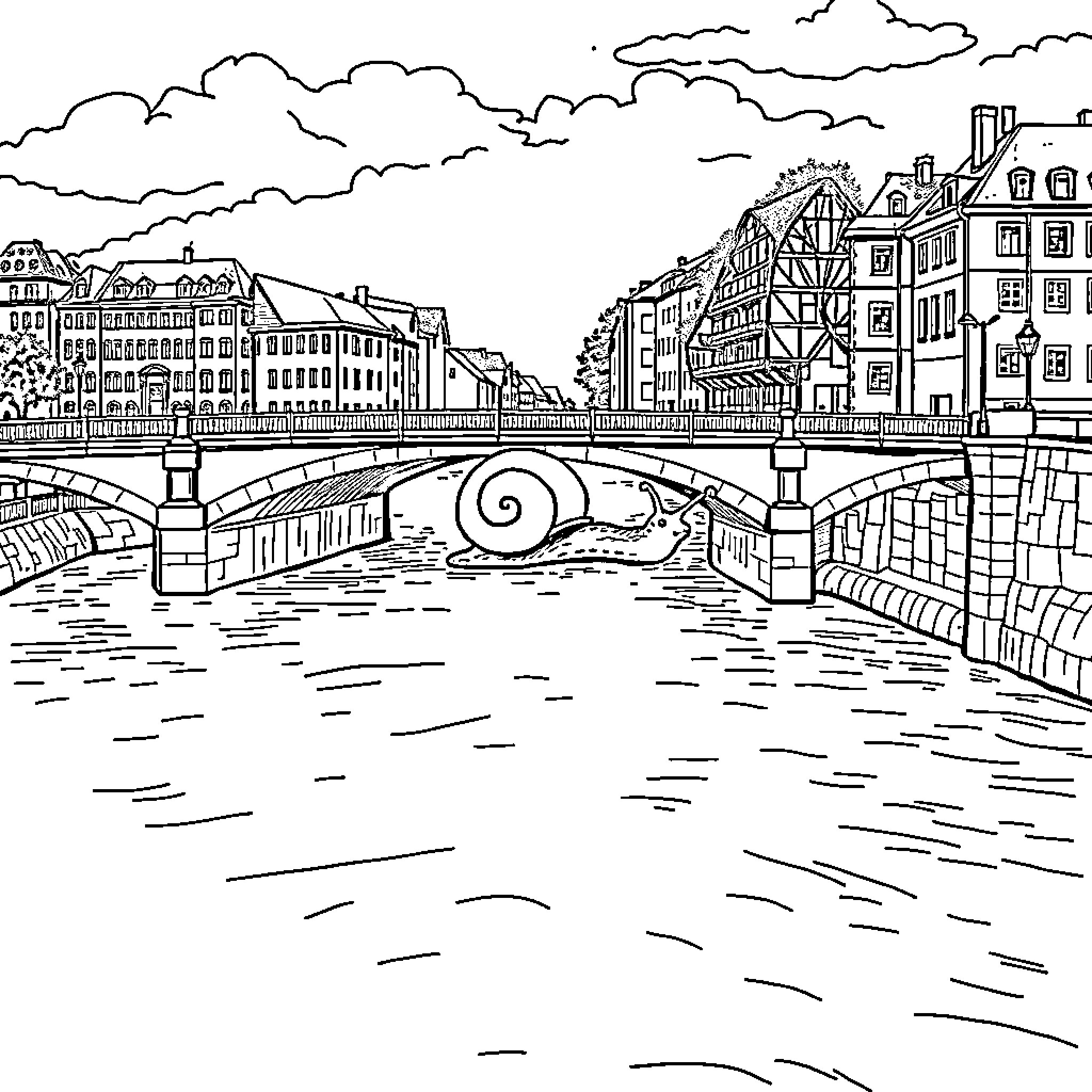 Snail traversing a scenic city bridge Coloring Page (free black-and-white line drawing printable PDF for all, from beginners to advanced learners, including children, teens, adults, and seniors)
