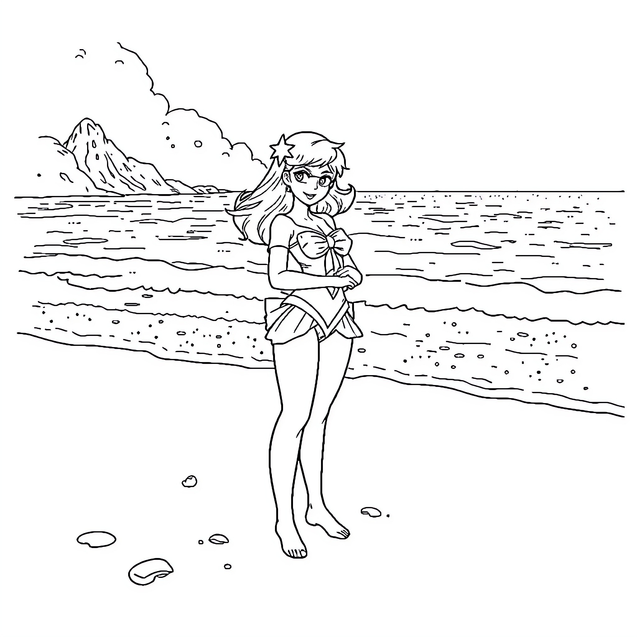 Sailor Mercury exploring the coastal landscape Coloring Page (free black-and-white line drawing printable PDF for all, from beginners to advanced learners, including children, teens, adults, and seniors)