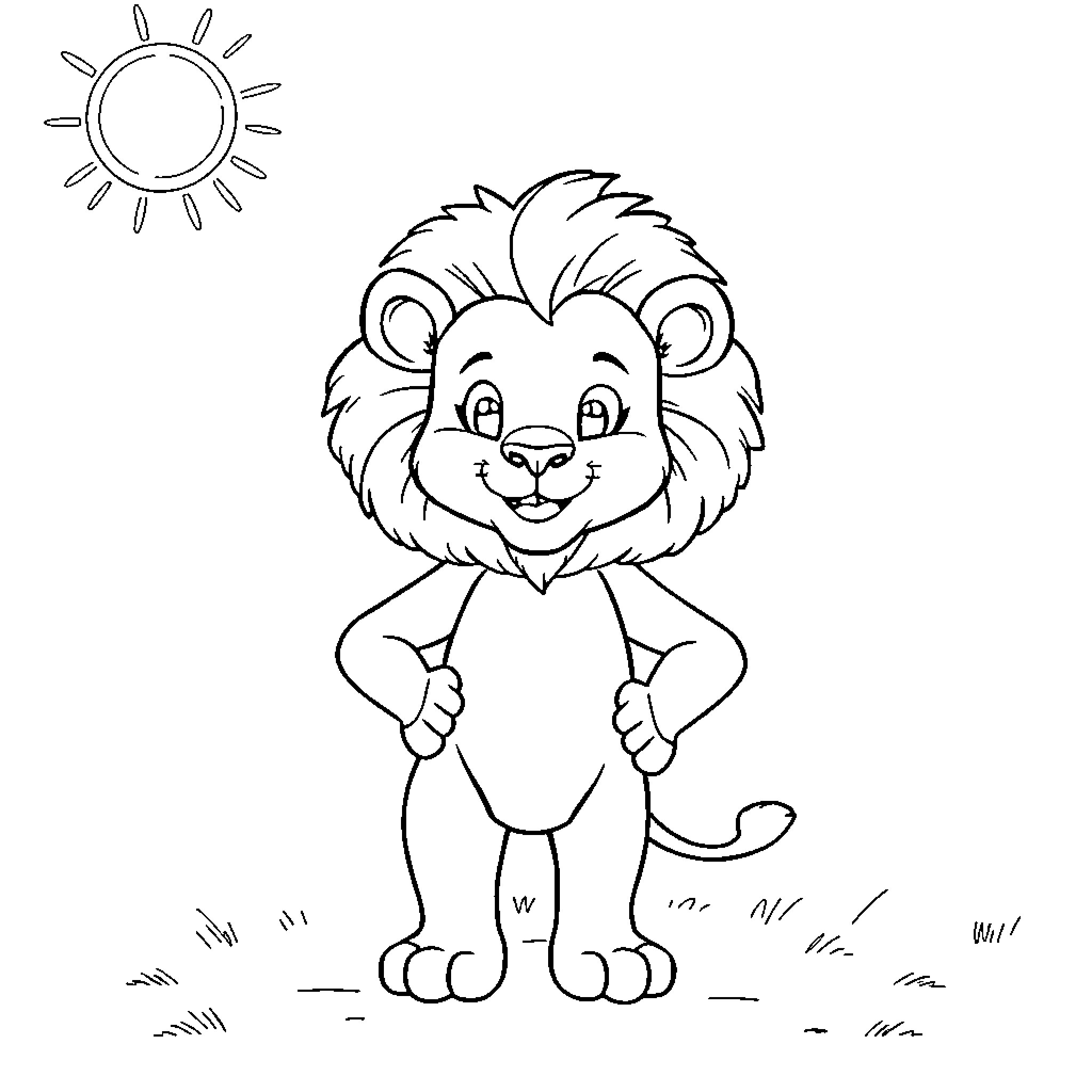 Lion happily posing in the sun Coloring Page (free black-and-white line drawing printable PDF for all, from beginners to advanced learners, including children, teens, adults, and seniors)