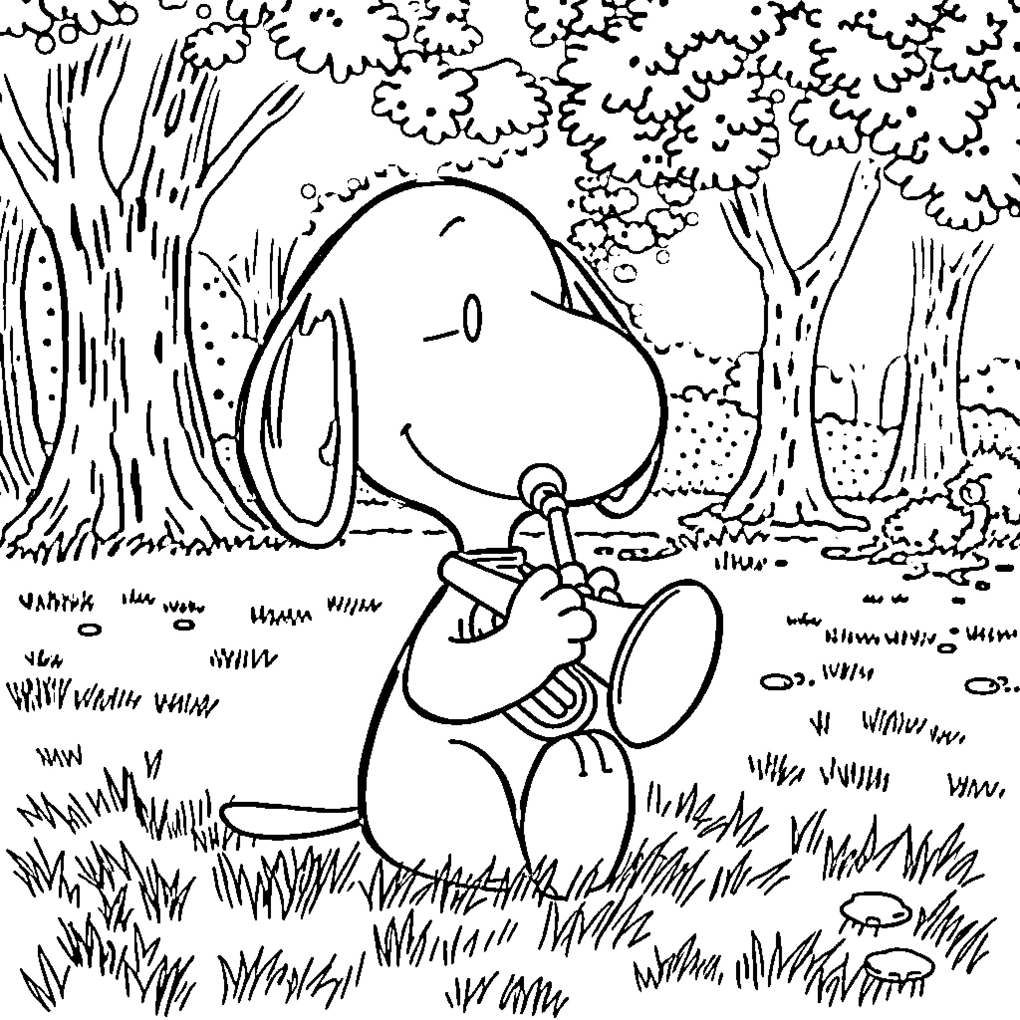 Snoopy playing his horn in the woods Coloring Page (free black-and-white line drawing printable PDF for all, from beginners to advanced learners, including children, teens, adults, and seniors)