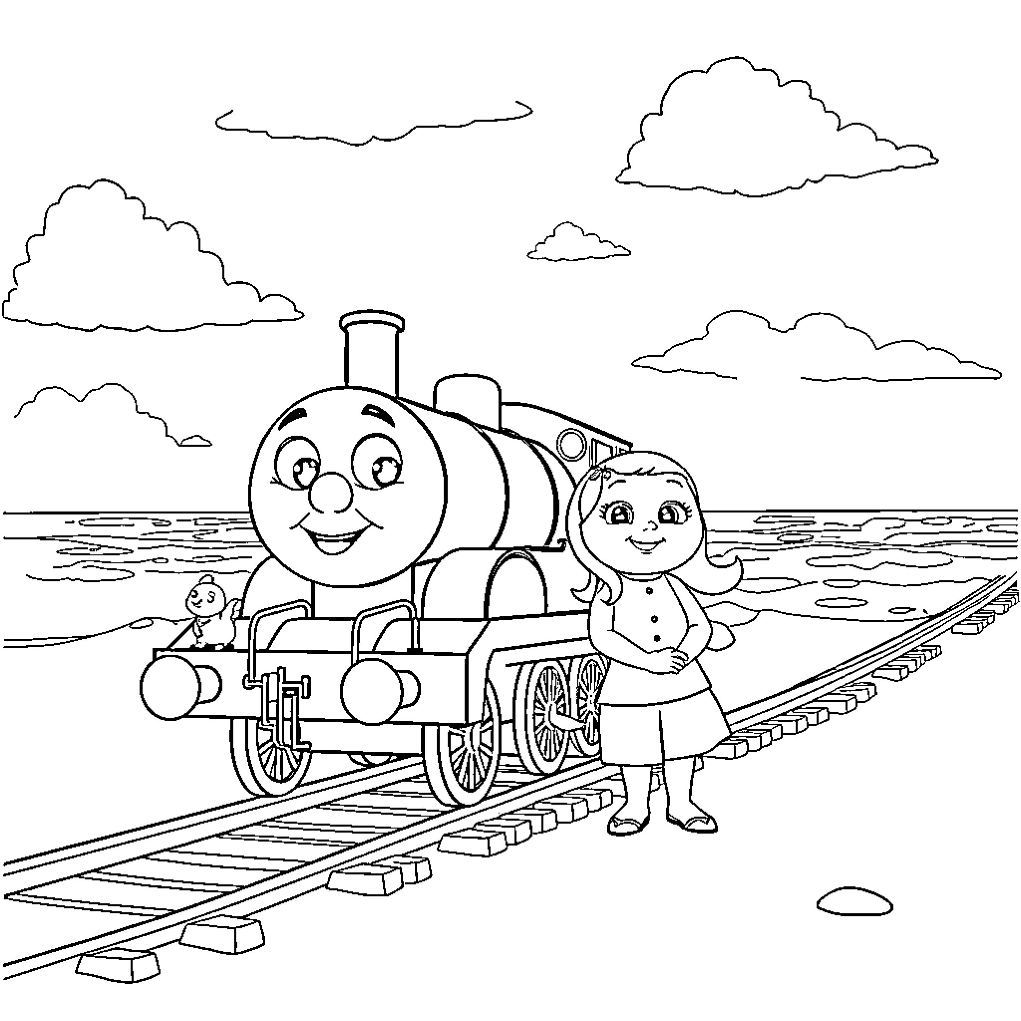 Thomas enjoys a train ride with a friend Coloring Page (free black-and-white line drawing printable PDF for all, from beginners to advanced learners, including children, teens, adults, and seniors)