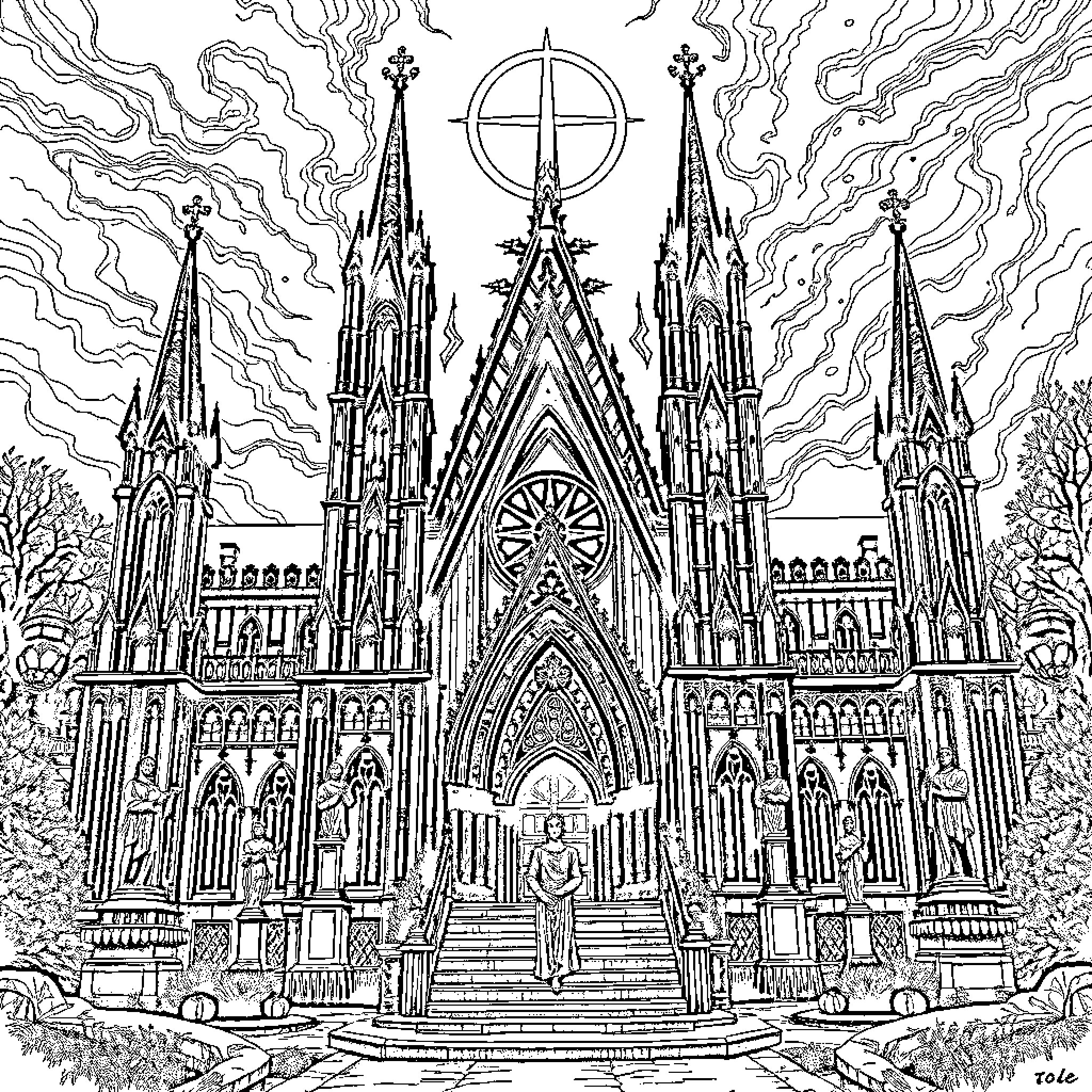 Temple of Gothic Architecture in Spiritual Landscape Coloring Page (free black-and-white line drawing printable PDF for all, from beginners to advanced learners, including children, teens, adults, and seniors)