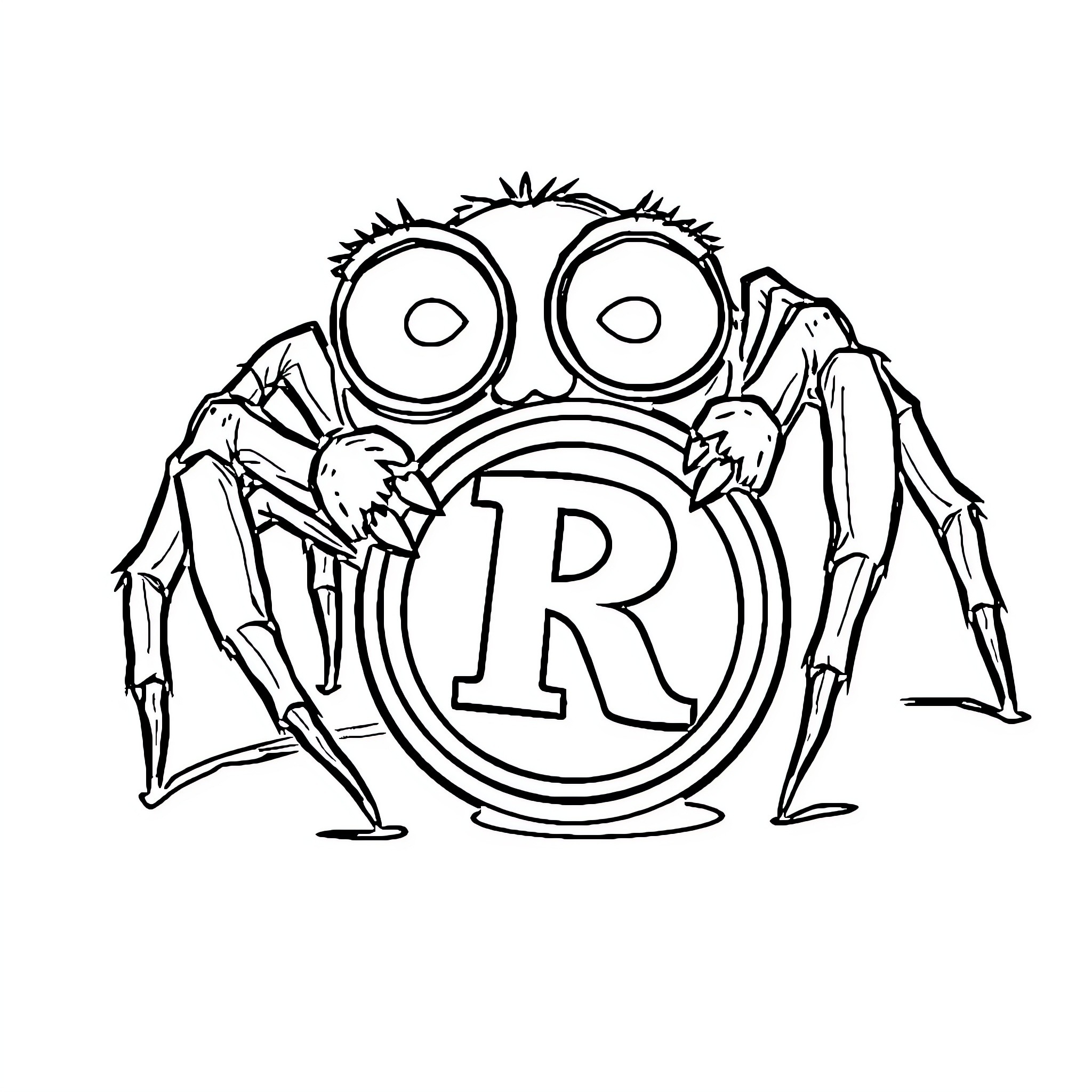 Spider-themed cartoon character with letter R Coloring Page (free black-and-white line drawing printable PDF for all, from beginners to advanced learners, including children, teens, adults, and seniors)
