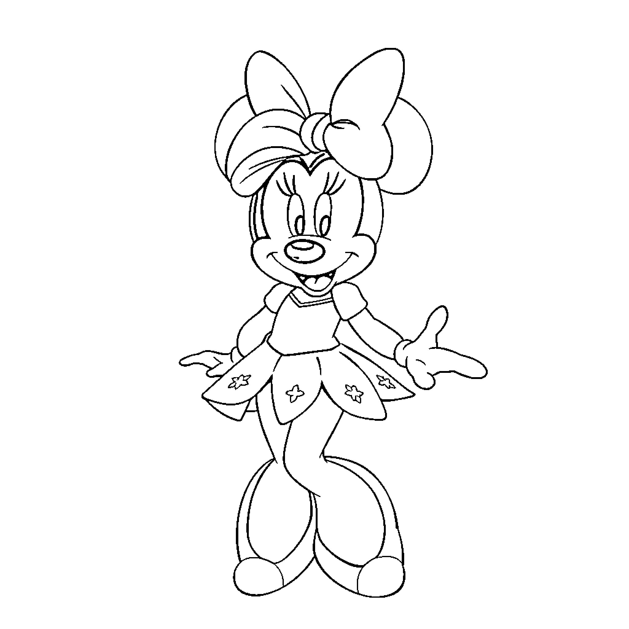 Minnie Mouse in a playful dress Coloring Page (free black-and-white line drawing printable PDF for all, from beginners to advanced learners, including children, teens, adults, and seniors)