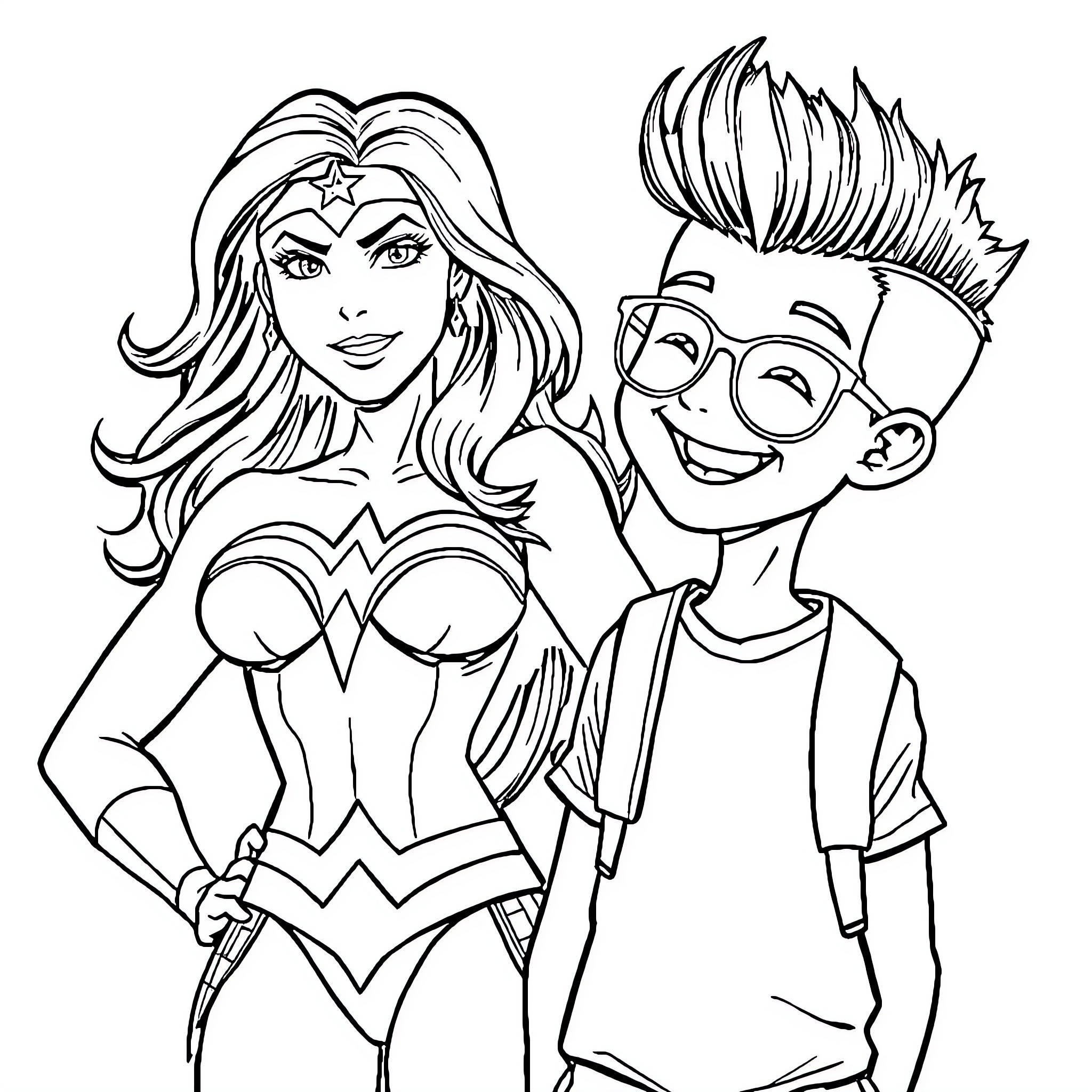 Wonder Woman and her young companion in action poses Coloring Page (free black-and-white line drawing printable PDF for all, from beginners to advanced learners, including children, teens, adults, and seniors)