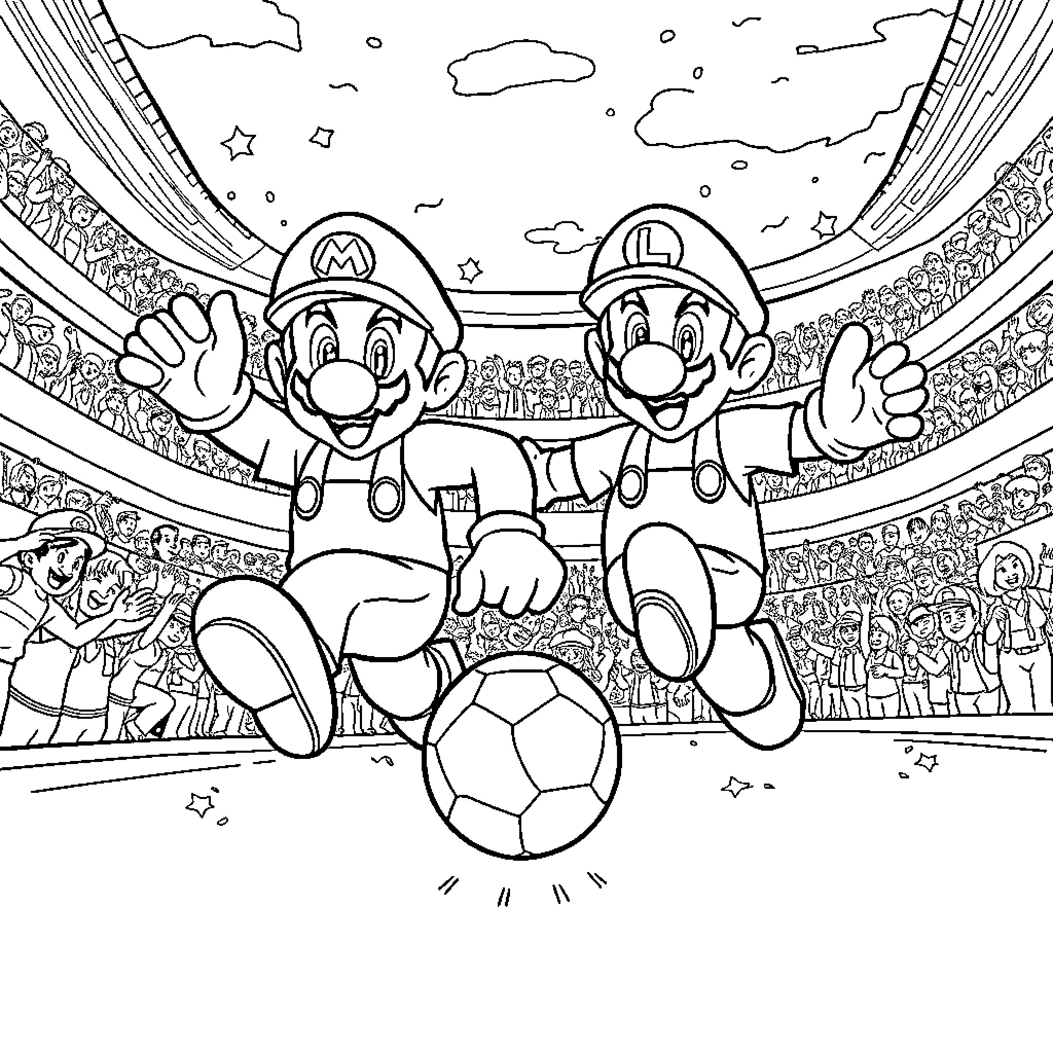 Super Mario Brothers Play Soccer in Stadium Coloring Page (free black-and-white line drawing printable PDF for all, from beginners to advanced learners, including children, teens, adults, and seniors)