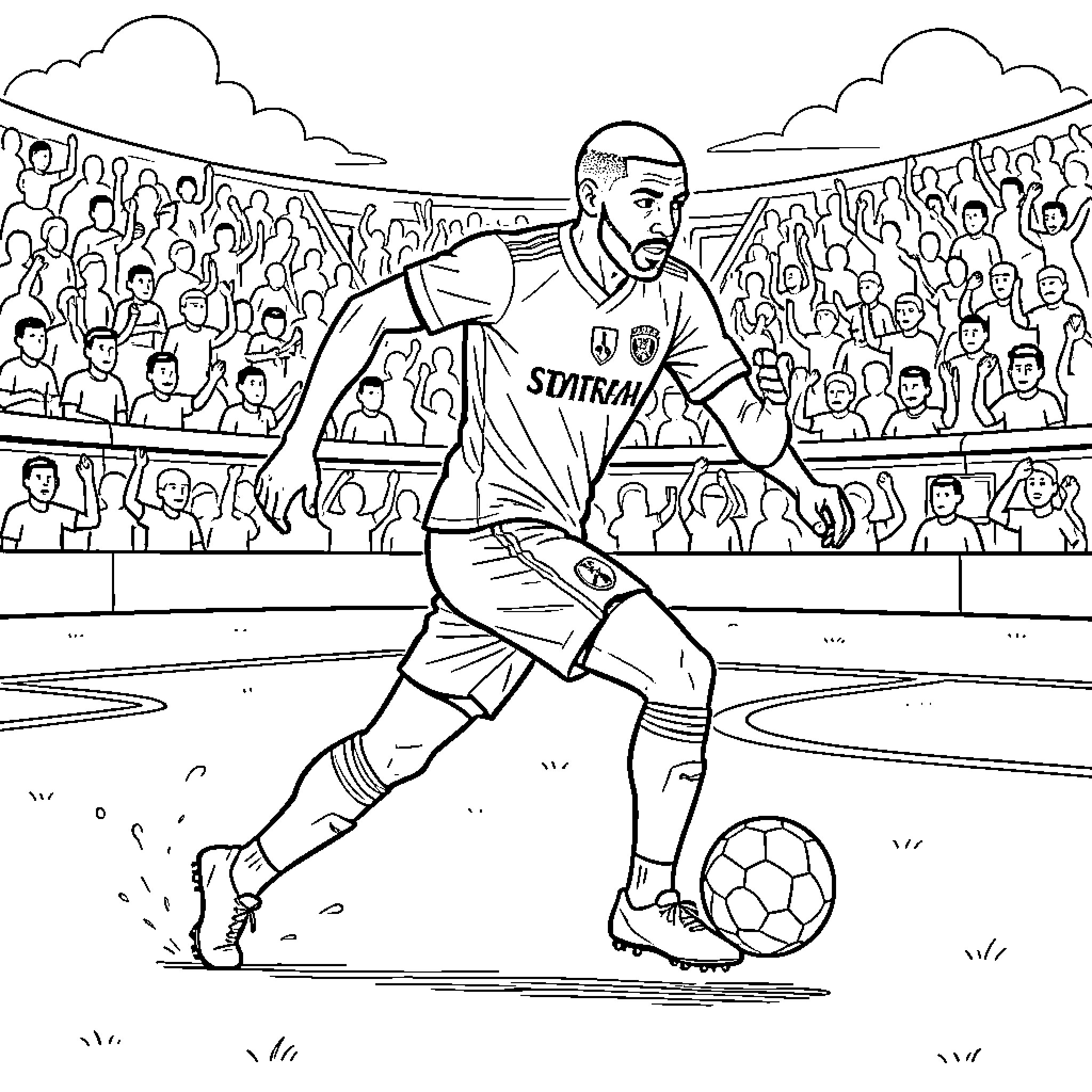 Mbappe dribbling a soccer ball in a crowded stadium Coloring Page (free black-and-white line drawing printable PDF for all, from beginners to advanced learners, including children, teens, adults, and seniors)