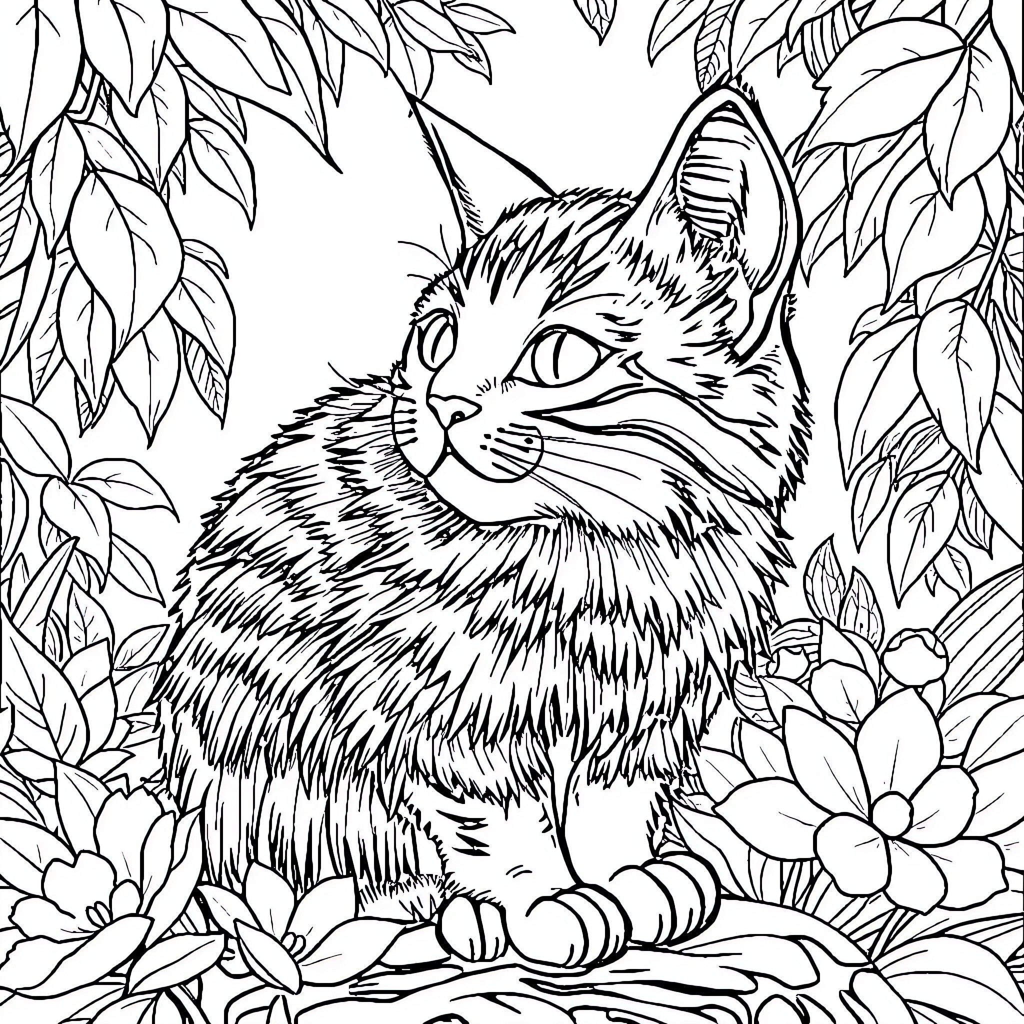 Cat surrounded by nature and flowers Coloring Page (free black-and-white line drawing printable PDF for all, from beginners to advanced learners, including children, teens, adults, and seniors)