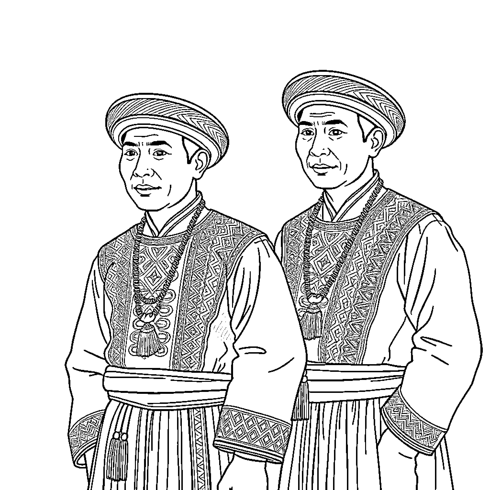 Hmong Clothing: Two Men in Traditional Garments Coloring Page (free black-and-white line drawing printable PDF for all, from beginners to advanced learners, including children, teens, adults, and seniors)