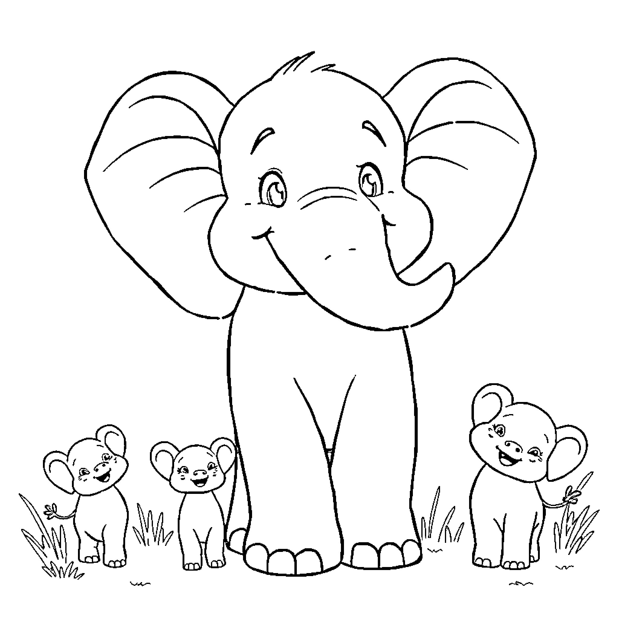 Elephant and Cute Baby Elephants in the Meadow Coloring Page (free black-and-white line drawing printable PDF for all, from beginners to advanced learners, including children, teens, adults, and seniors)