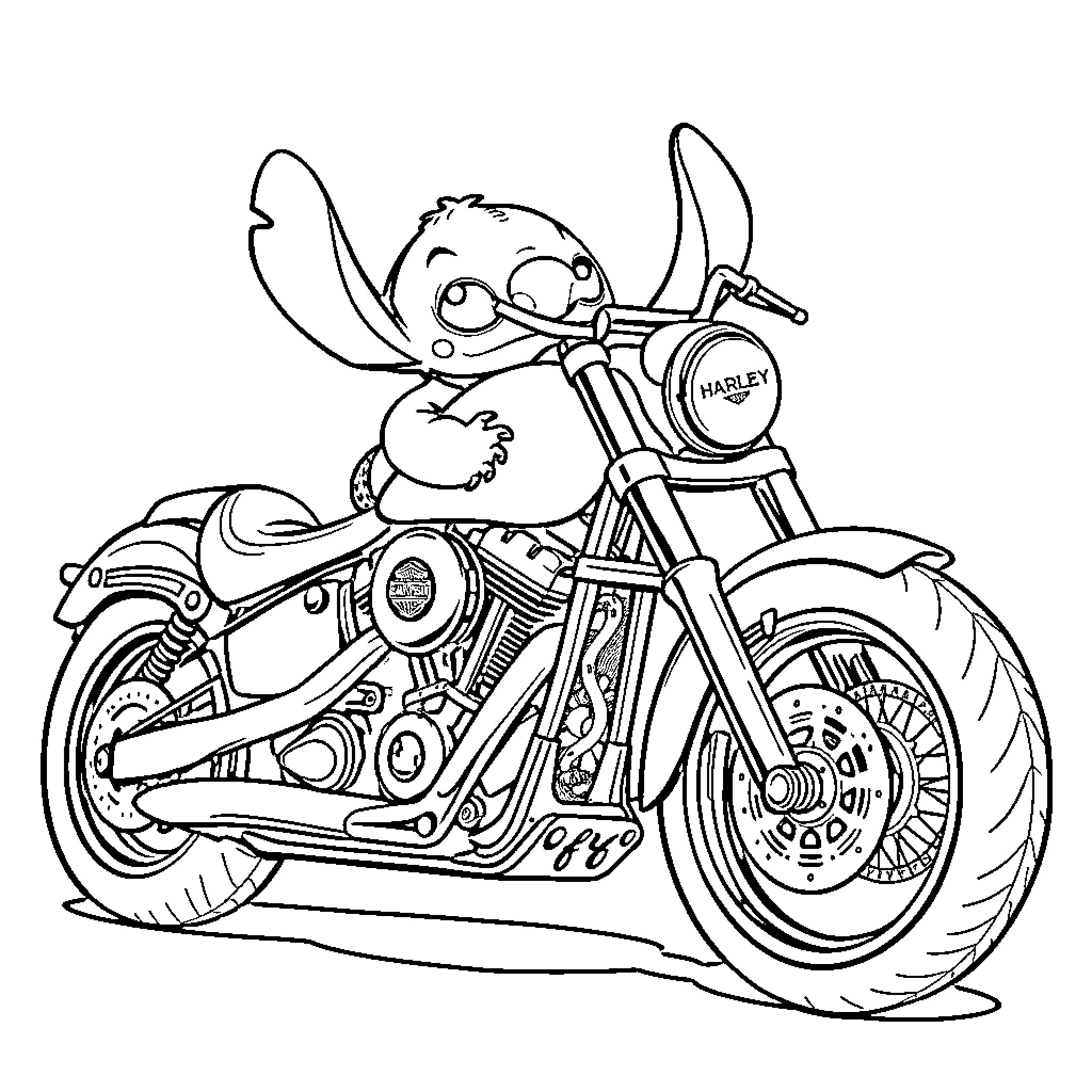 Harley Davidson motorcycle ridden by a cartoon character Coloring Page (free black-and-white line drawing printable PDF for all, from beginners to advanced learners, including children, teens, adults, and seniors)