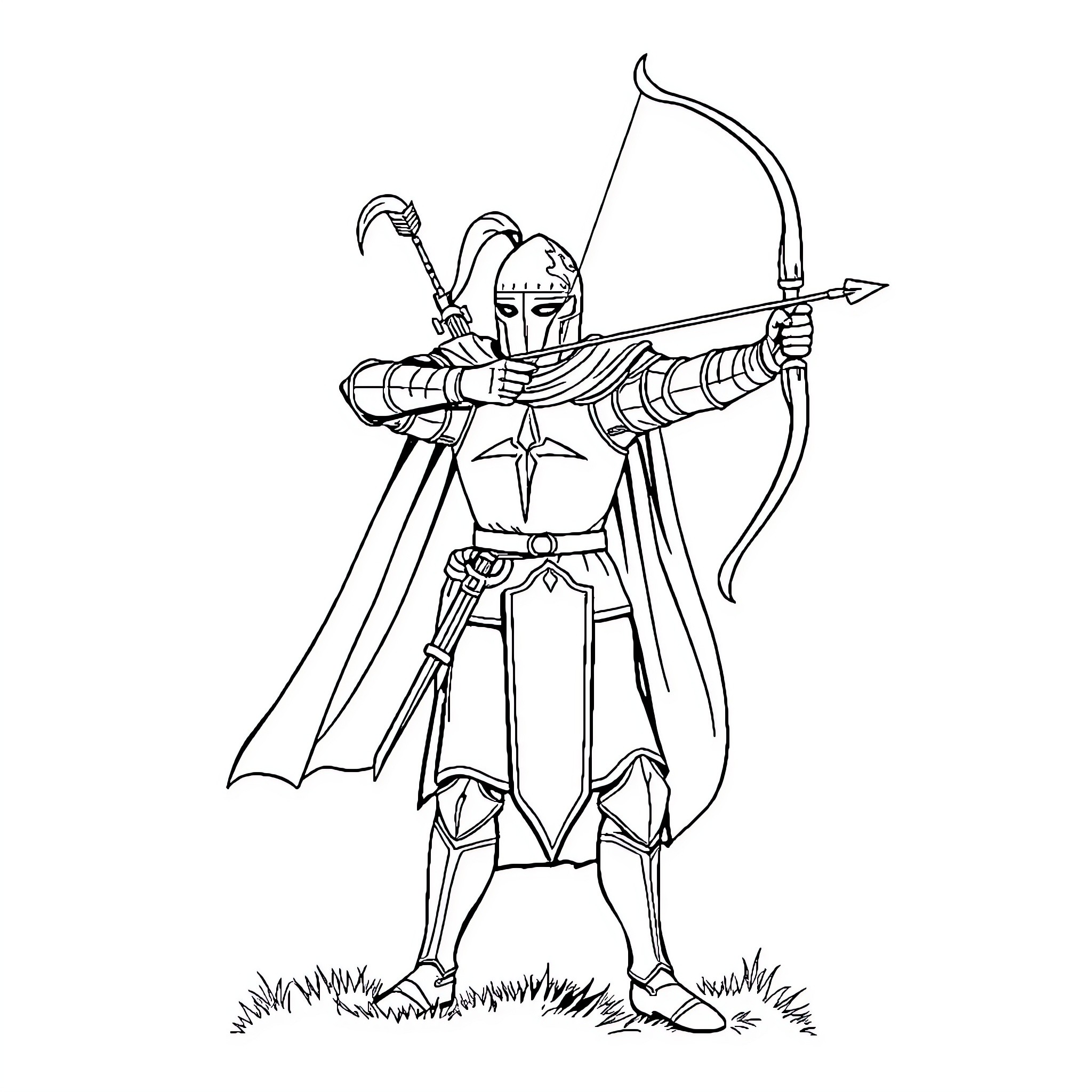 Knight Archer Readying Bow and Arrow Coloring Page (free black-and-white line drawing printable PDF for all, from beginners to advanced learners, including children, teens, adults, and seniors)