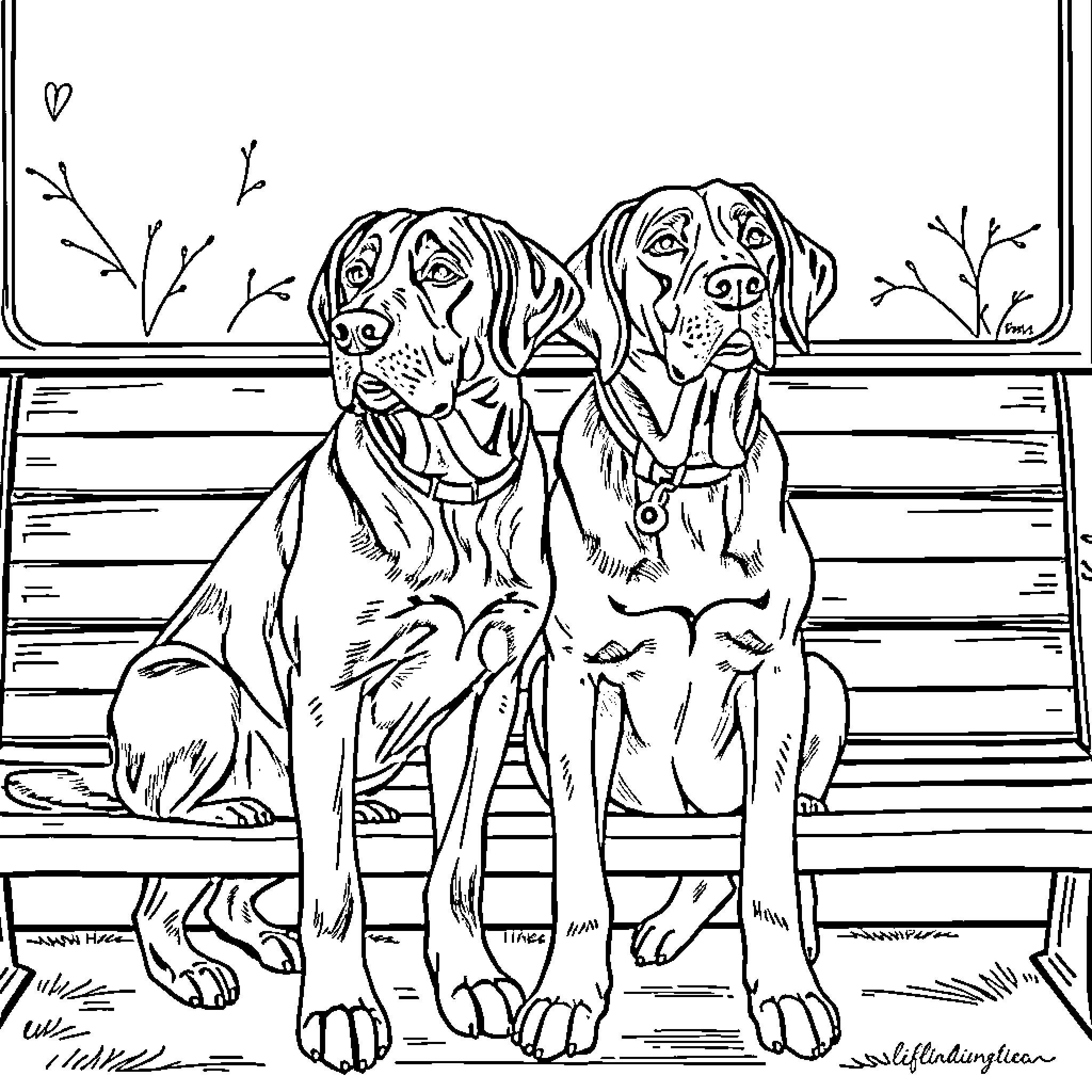 Dogs sitting calmly on a bench Coloring Page (free black-and-white line drawing printable PDF for all, from beginners to advanced learners, including children, teens, adults, and seniors)
