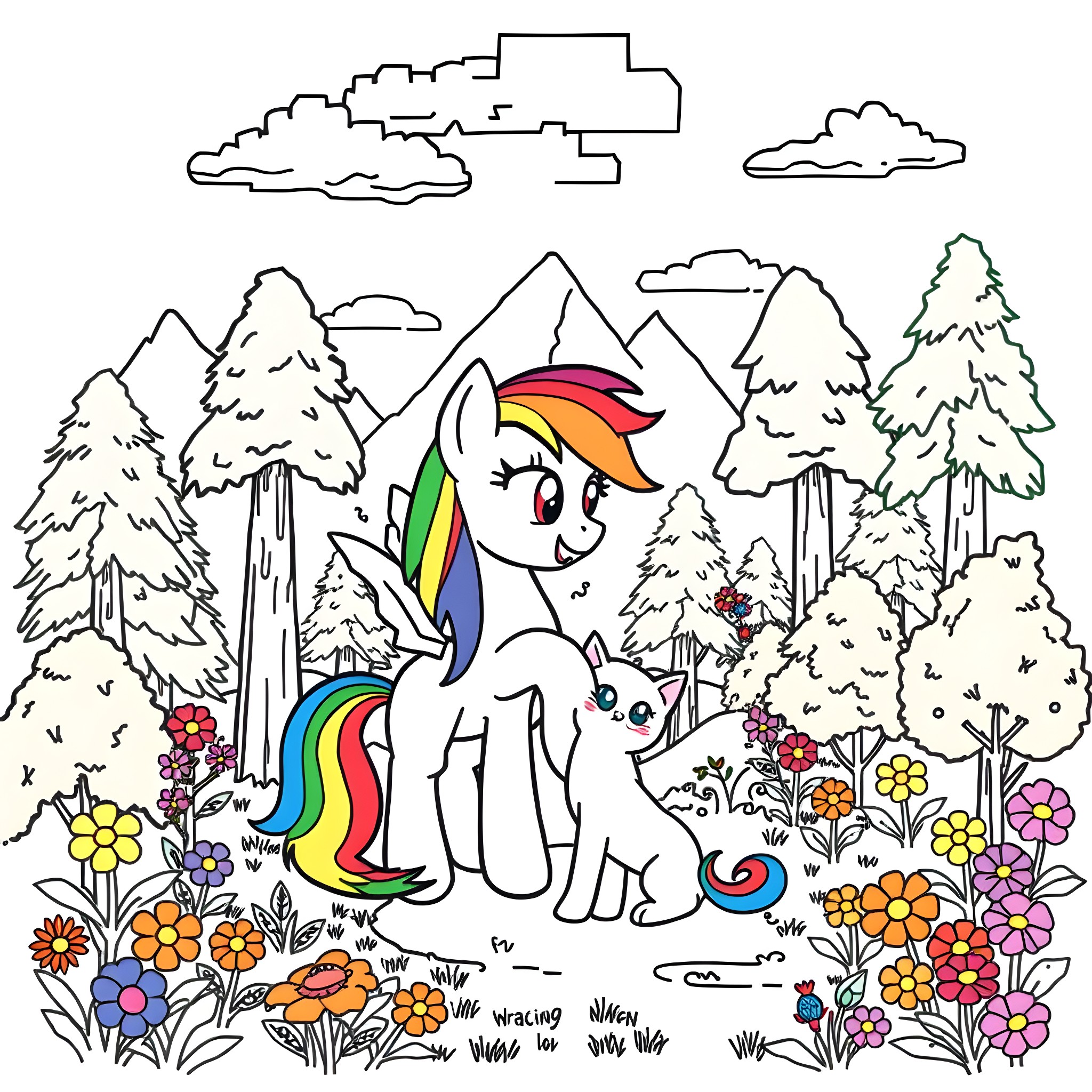 Rainbow Dash enjoying the nature's beauty Coloring Page (free black-and-white line drawing printable PDF for all, from beginners to advanced learners, including children, teens, adults, and seniors)