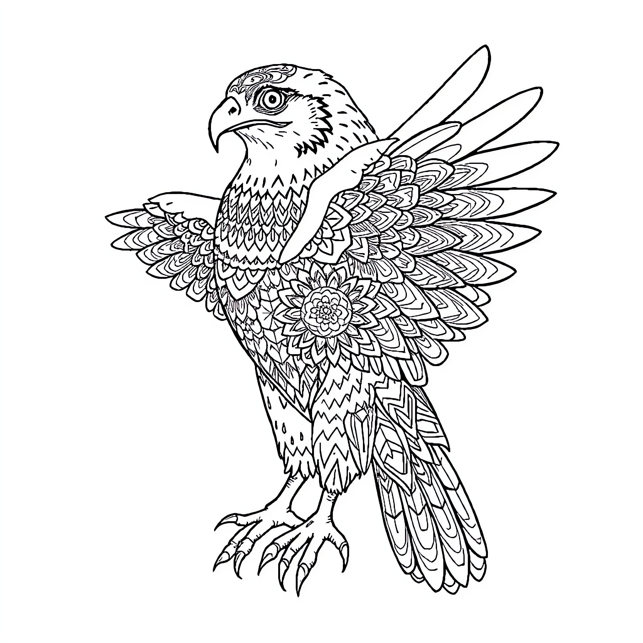 Hawk in Intricate Patterned Plumage Coloring Page (free black-and-white line drawing printable PDF for all, from beginners to advanced learners, including children, teens, adults, and seniors)
