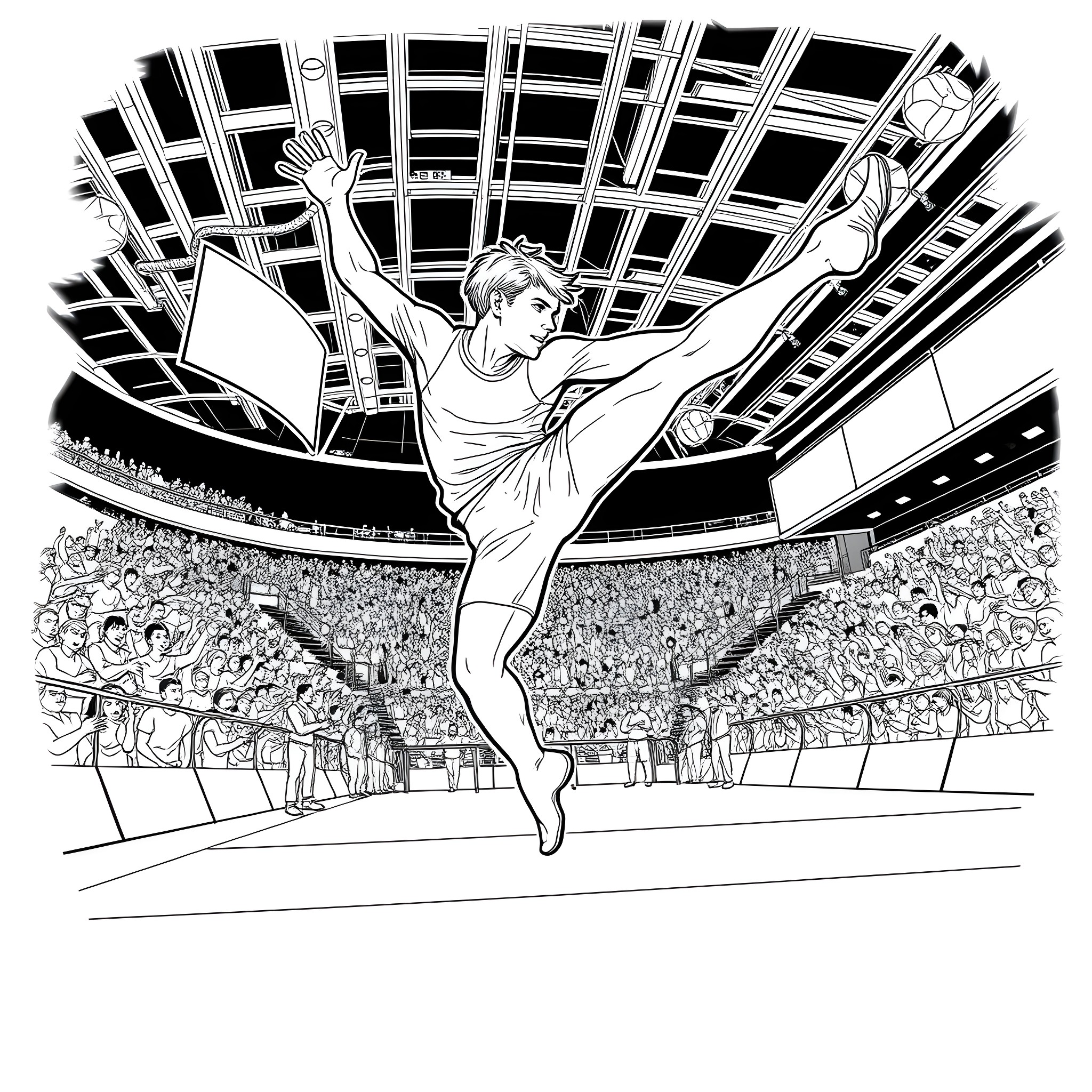 Man leaping high in theatrical stage performance Coloring Page (free black-and-white line drawing printable PDF for all, from beginners to advanced learners, including children, teens, adults, and seniors)